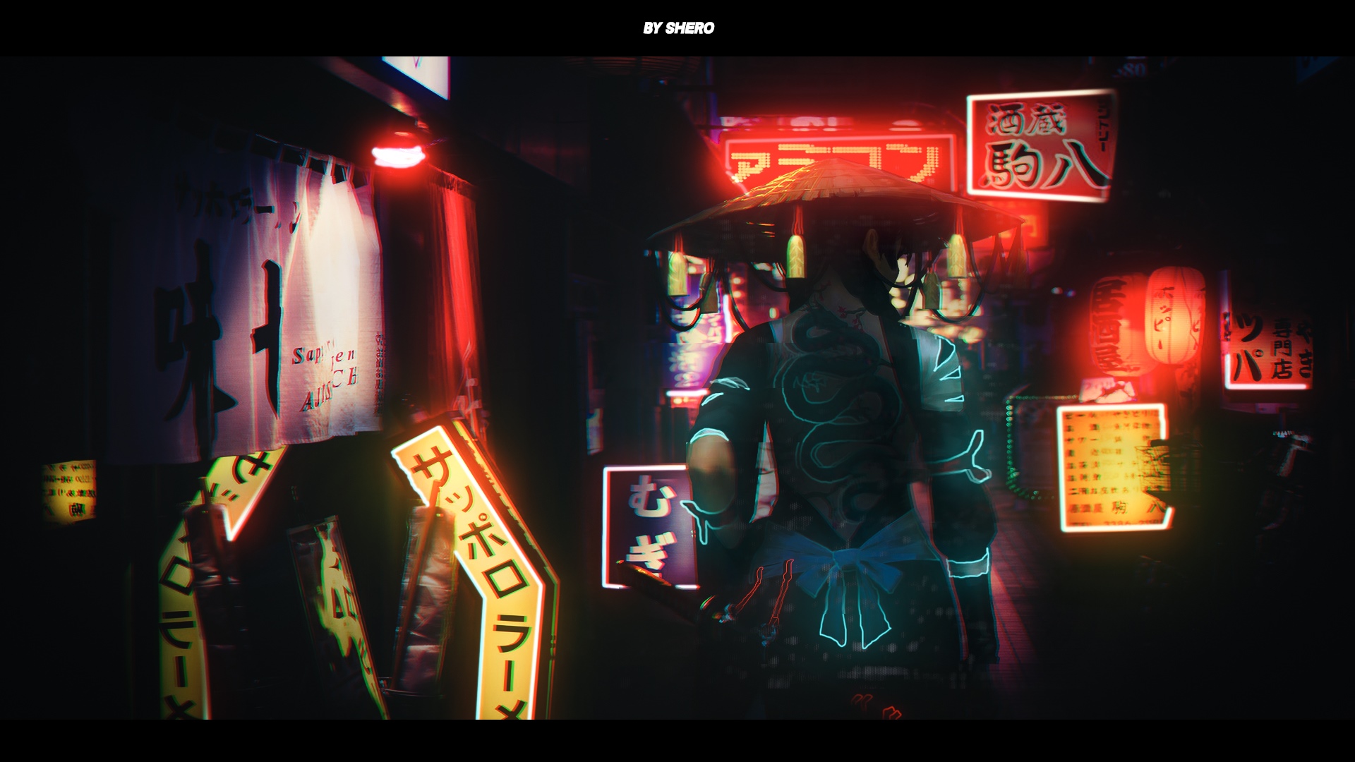 Person in futuristic attire walks through a neon-lit street HD Wallpaper