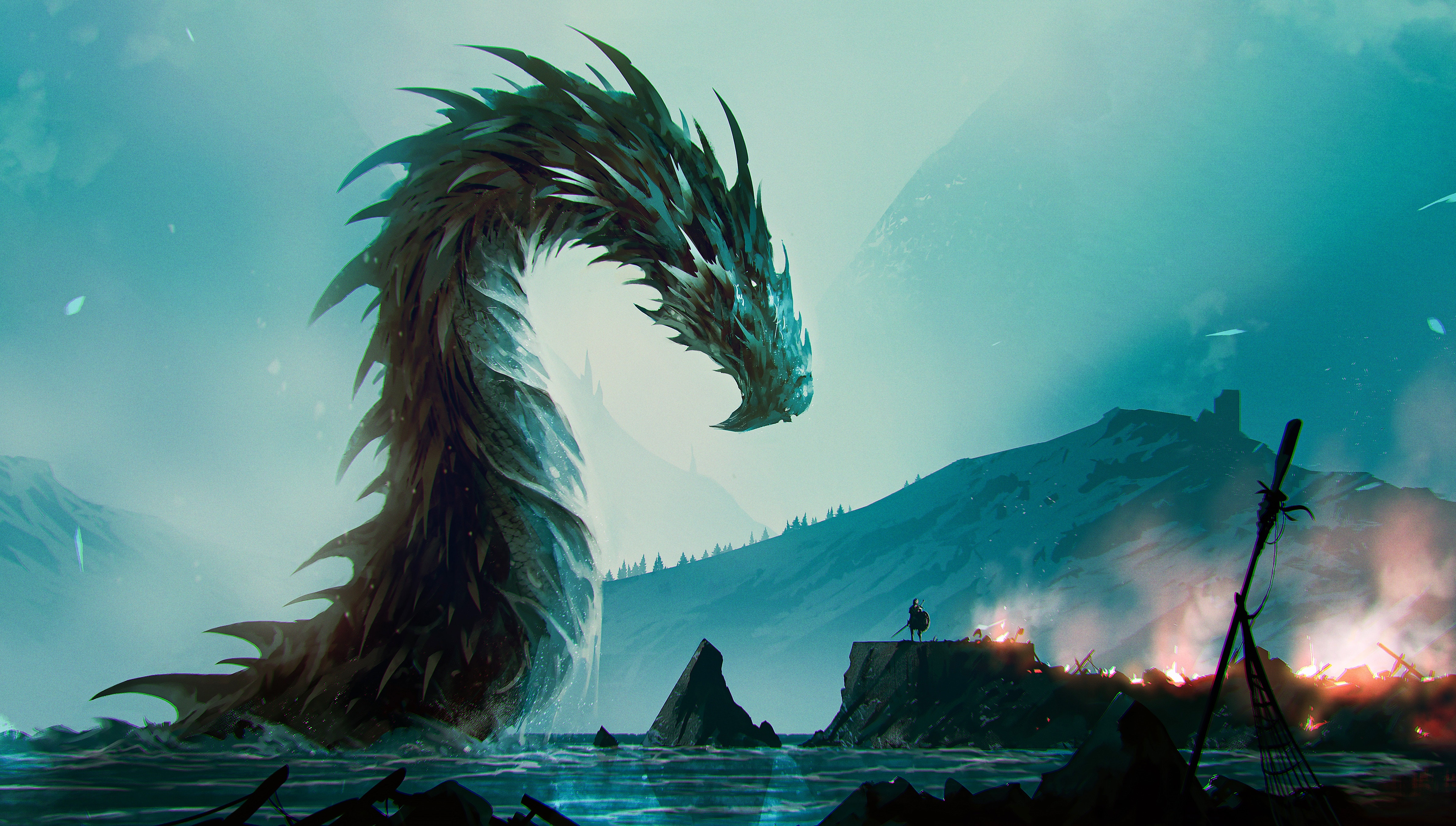 4K Dragon Overlooking a Burning Landscape HD Wallpaper