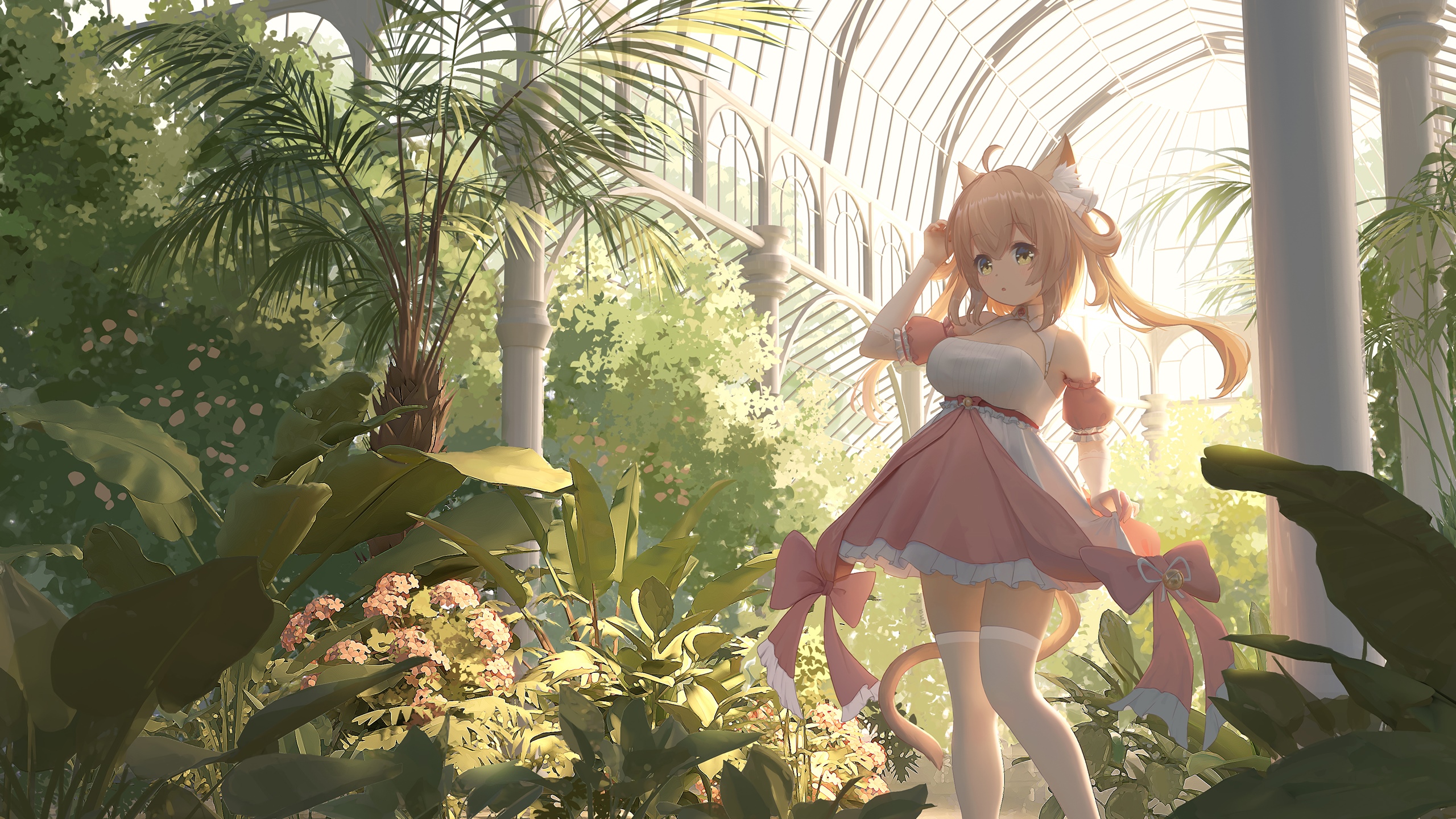 Cat girl in a greenhouse with plants HD Wallpaper