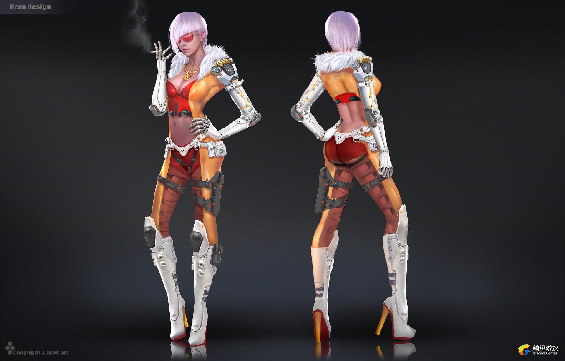 Cyberpunk woman with pink hair and cybernetic arms smoking HD Wallpaper