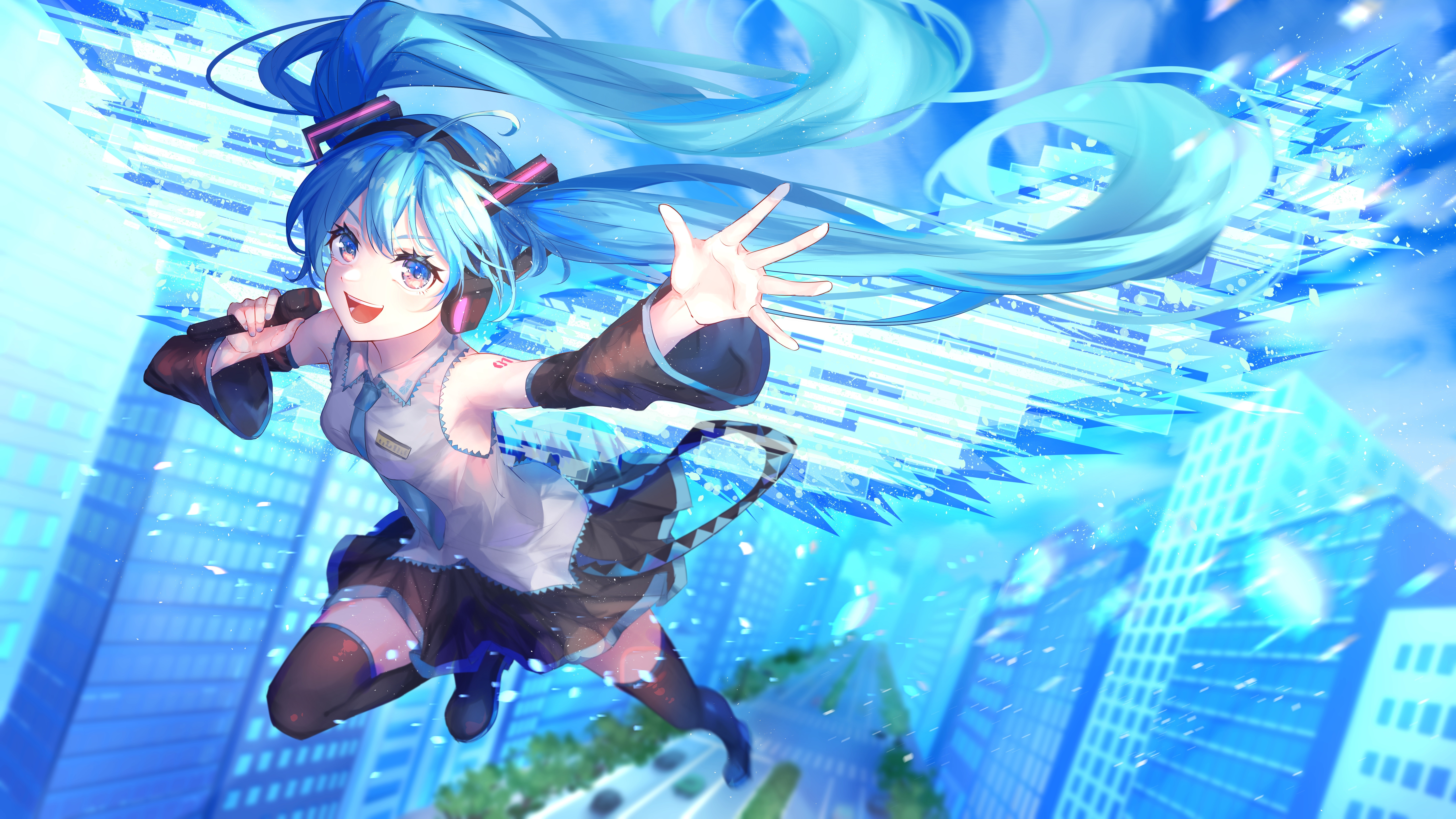 Hatsune Miku singing in a futuristic city HD Wallpaper