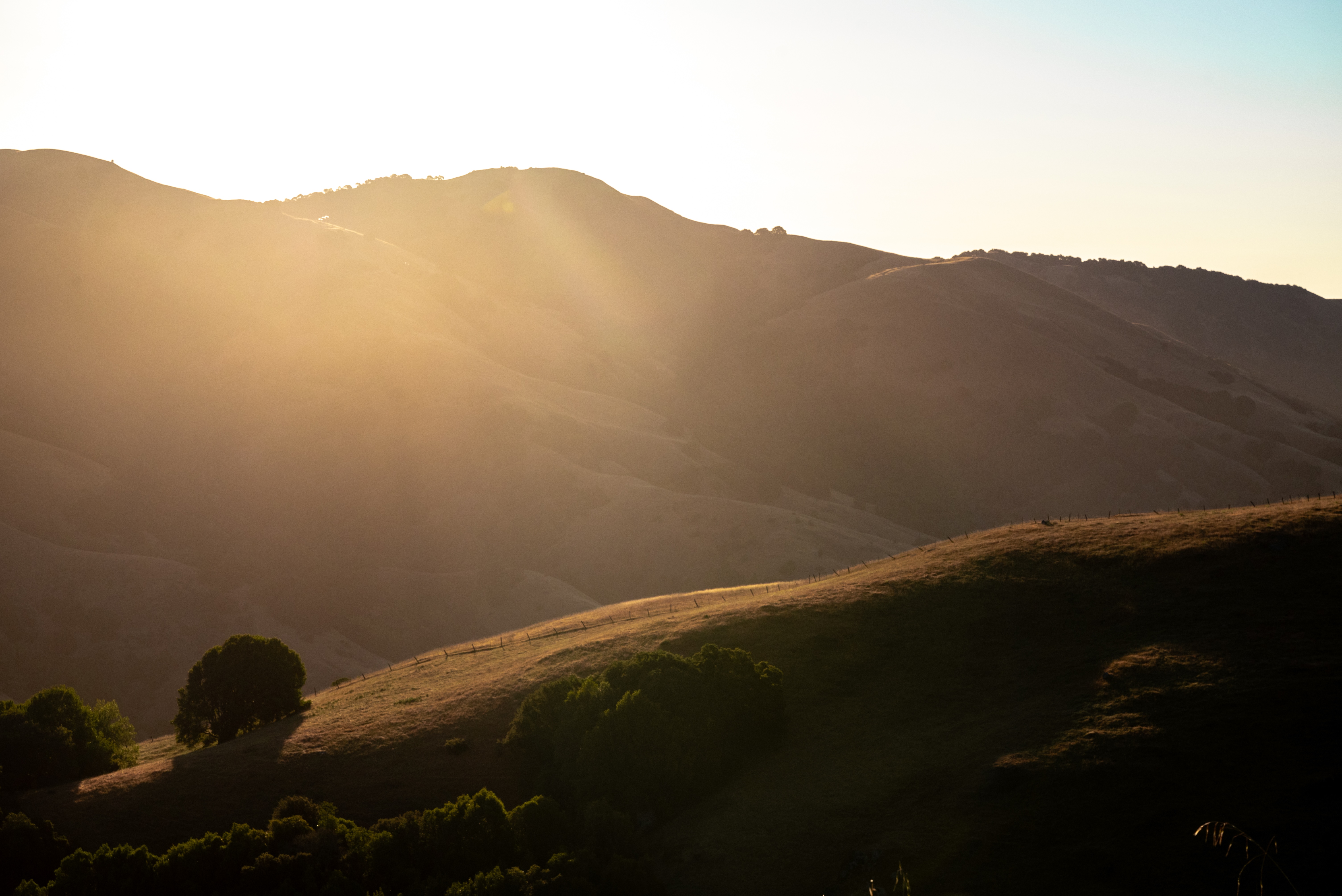 Golden sunlight over rolling hills at sunrise HD Wallpaper