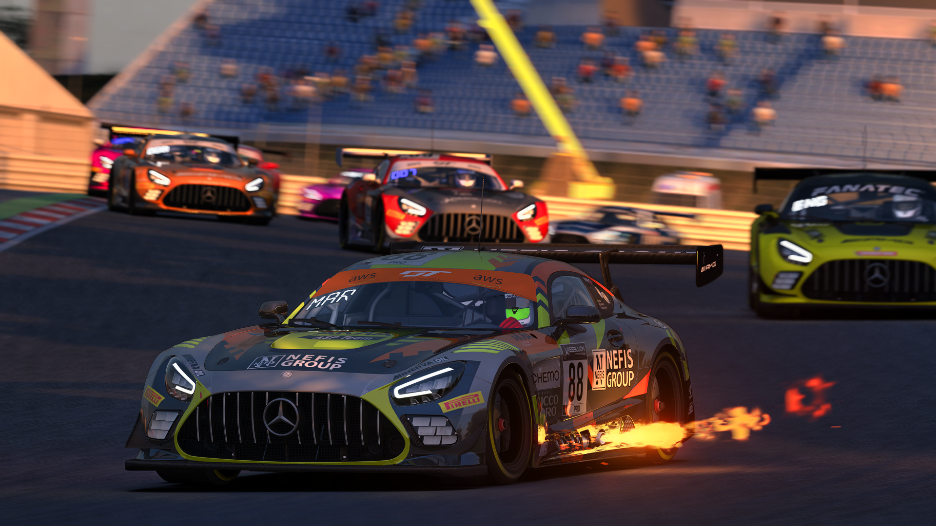 Mercedes-AMG GT race cars with flames on track HD Wallpaper