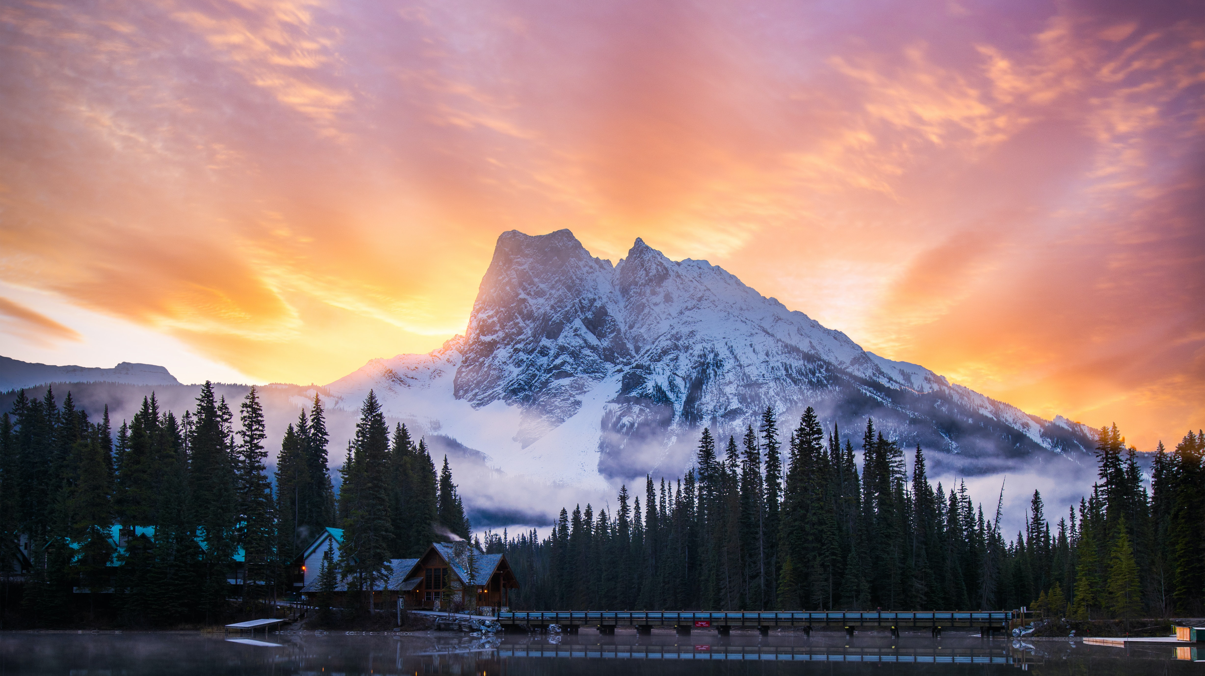 4K Mountain Landscape at Sunset with Lake and Forest HD Wallpaper