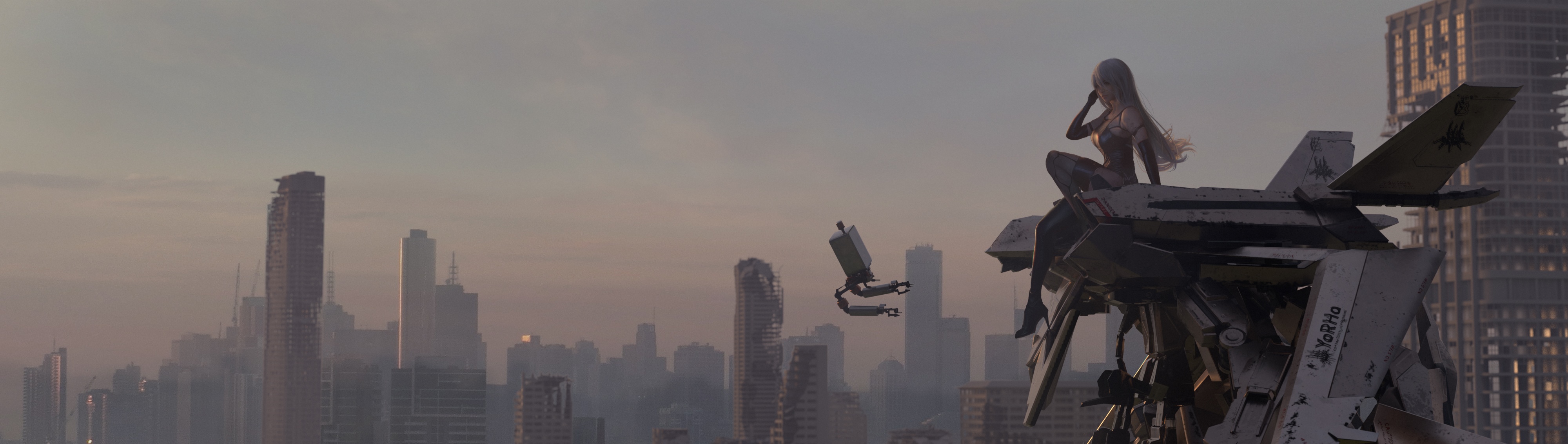 4K A2 from Nier: Automata on a destroyed aircraft HD Wallpaper