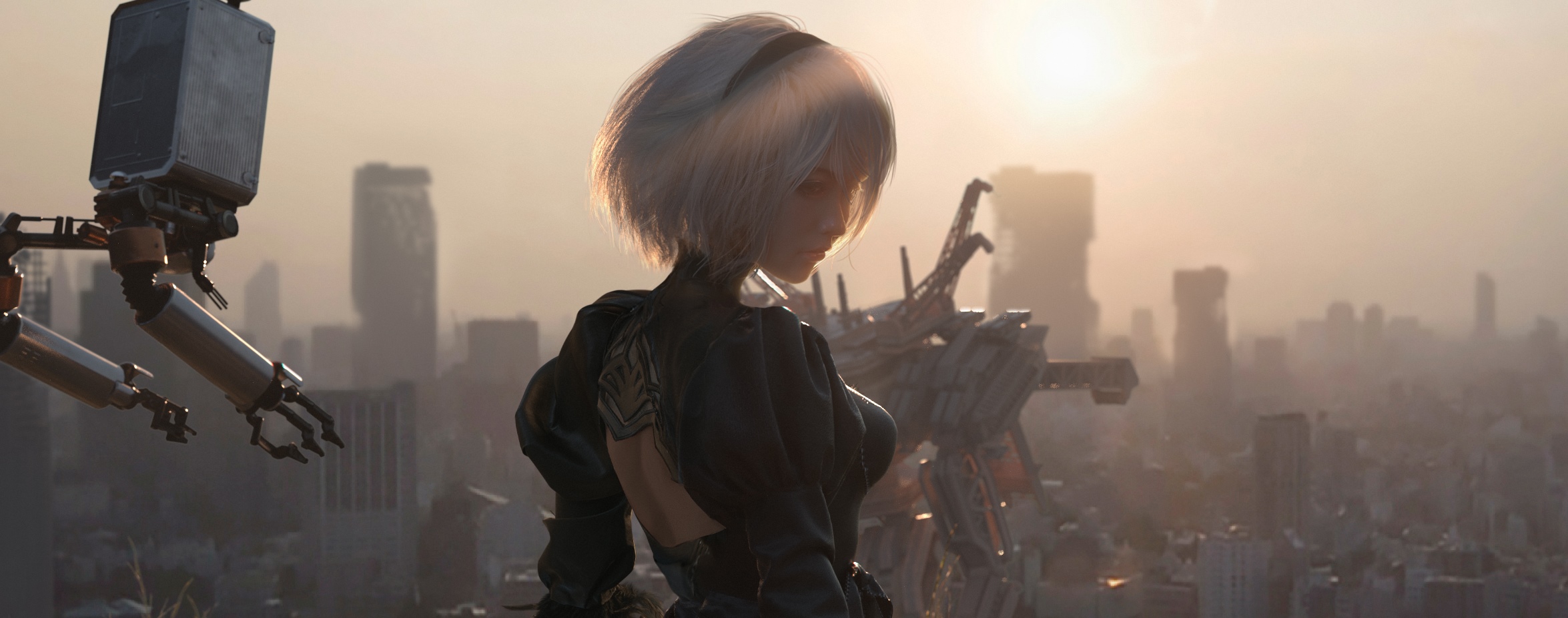 2B from Nier: Automata with a robot companion HD Wallpaper
