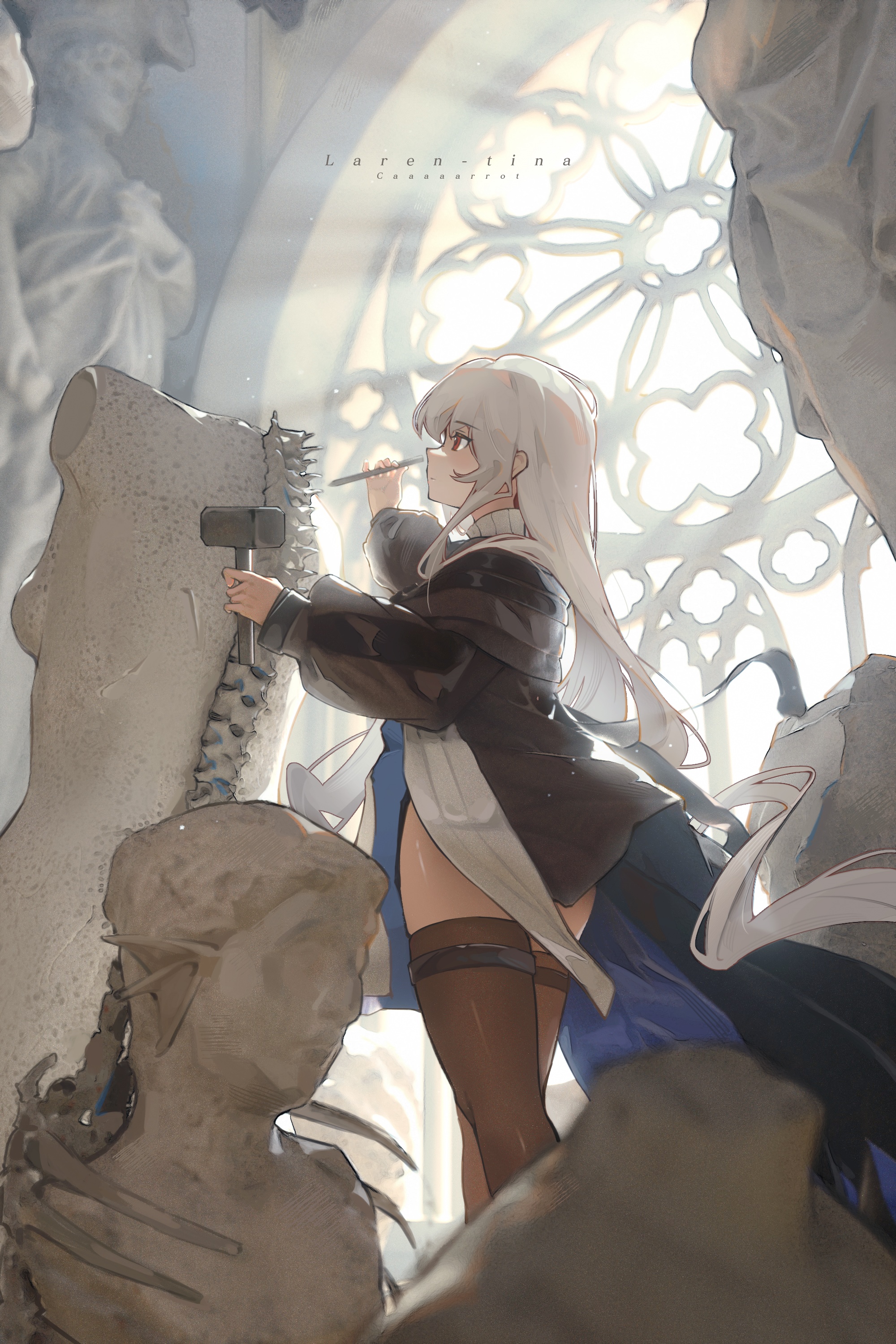 Skadi sculpting a statue in a cathedral HD Phone Wallpaper