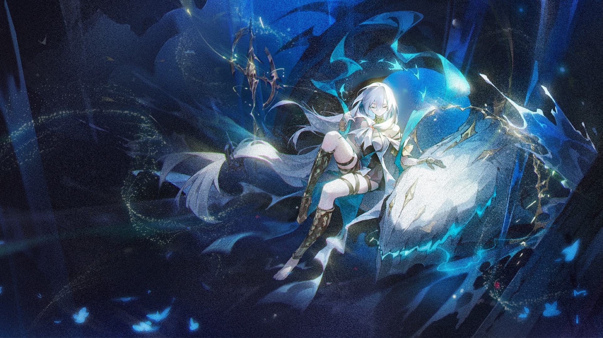 Arknights Skadi sitting on a blue creature HD Wallpaper