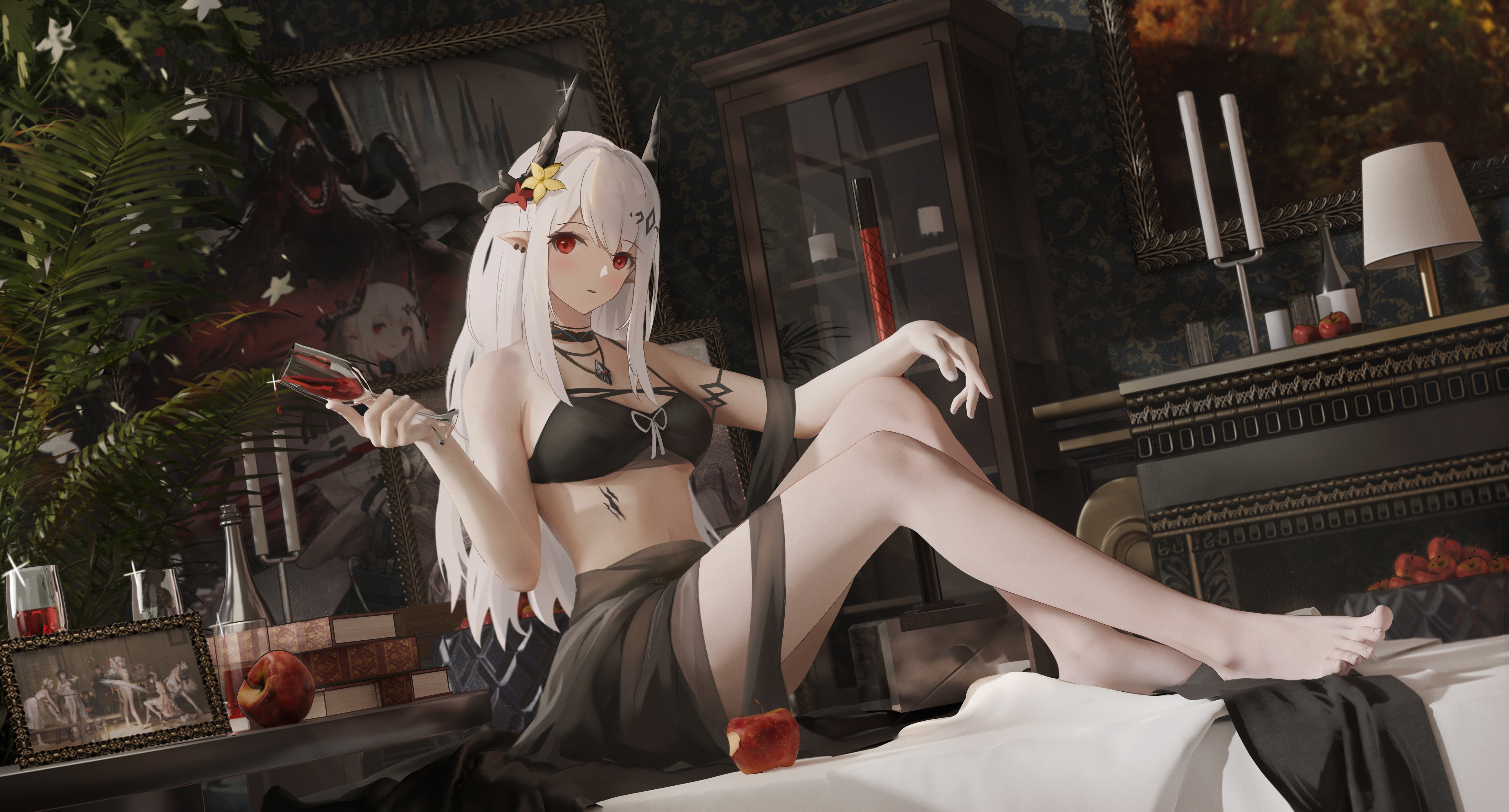 Arknights character with white hair holding wine HD Wallpaper