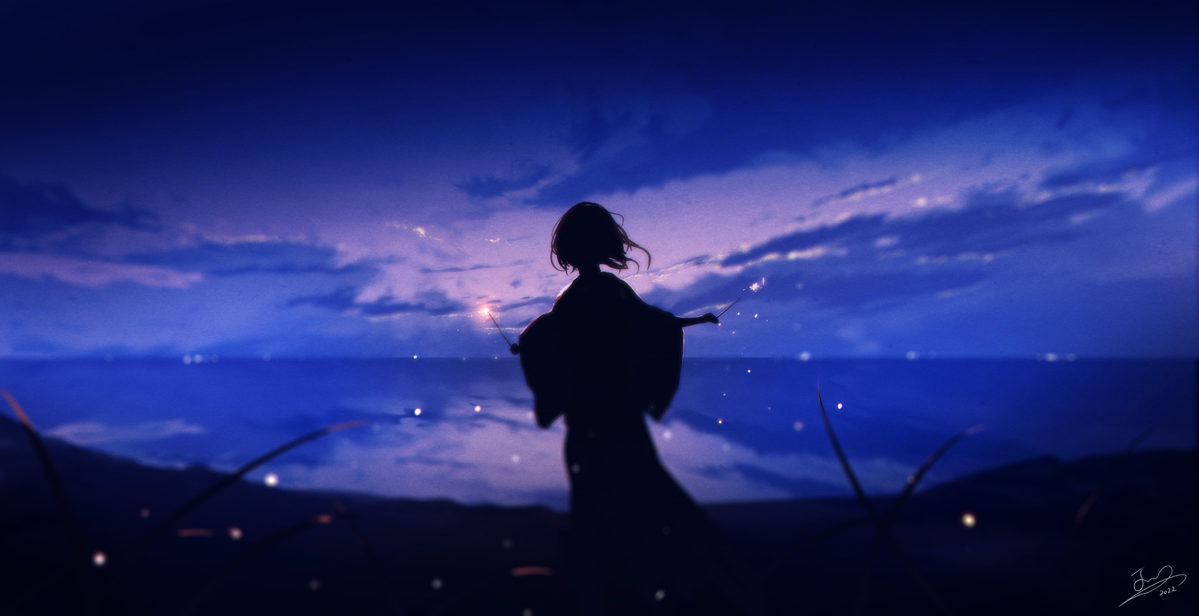 Girl with sparklers at night by the sea HD Wallpaper