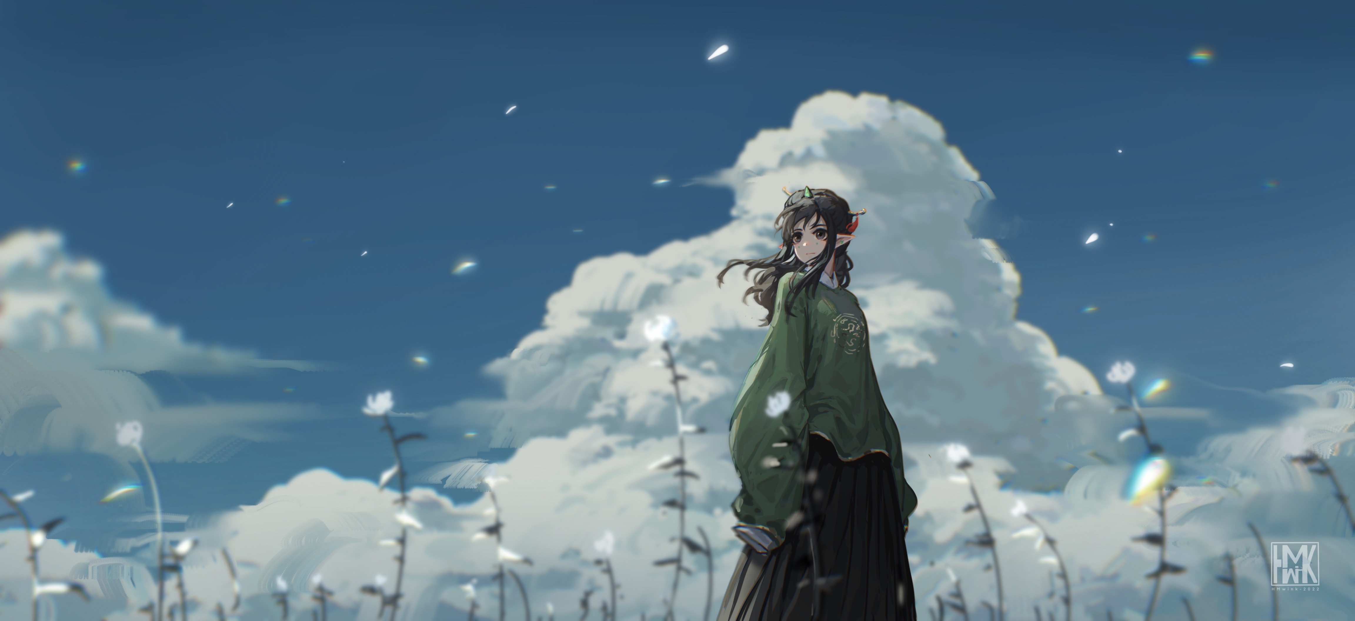 4K Elves in Chinese Clothing Under a Cloudy Sky HD Wallpaper