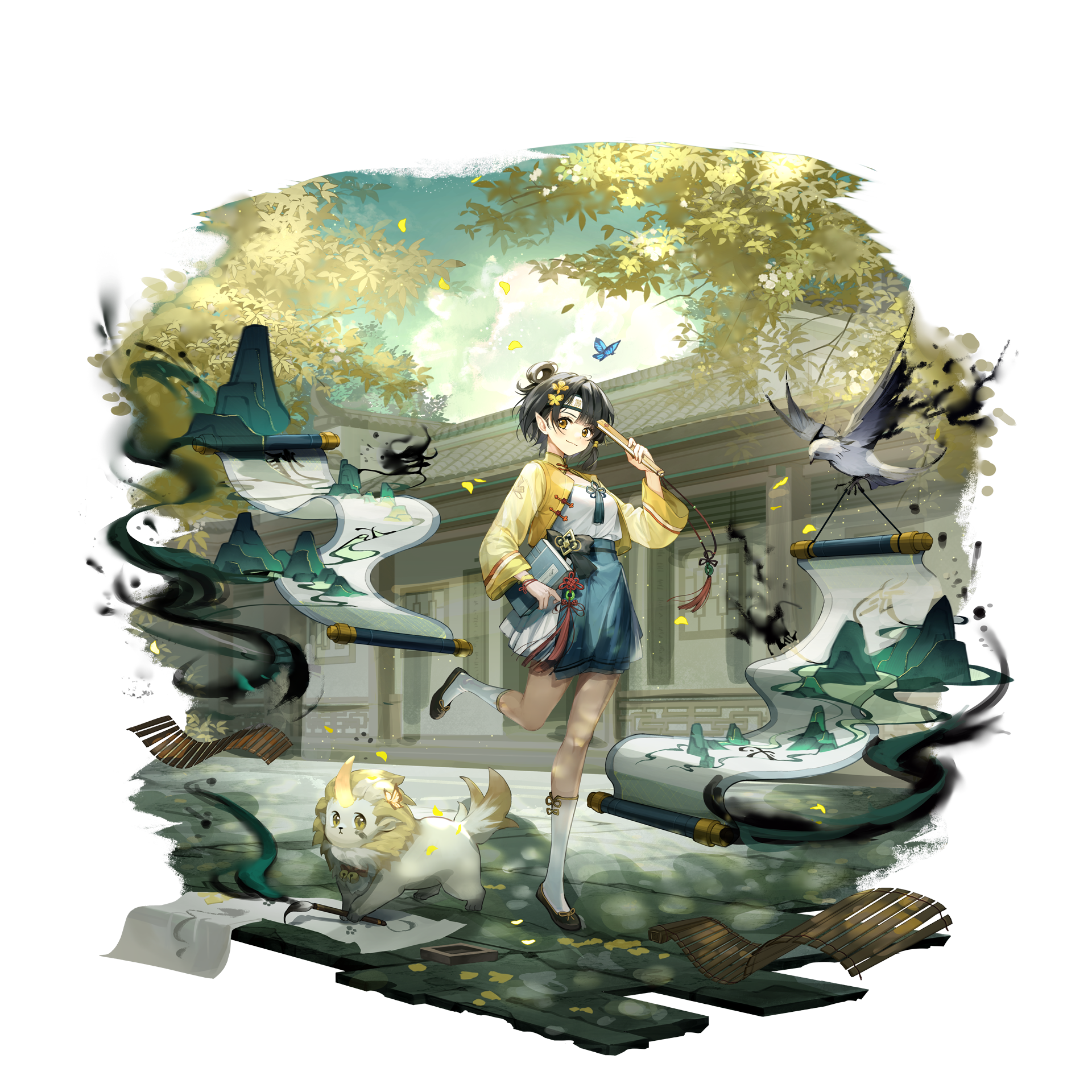Anime girl in traditional Chinese clothing with a lion dog HD Wallpaper