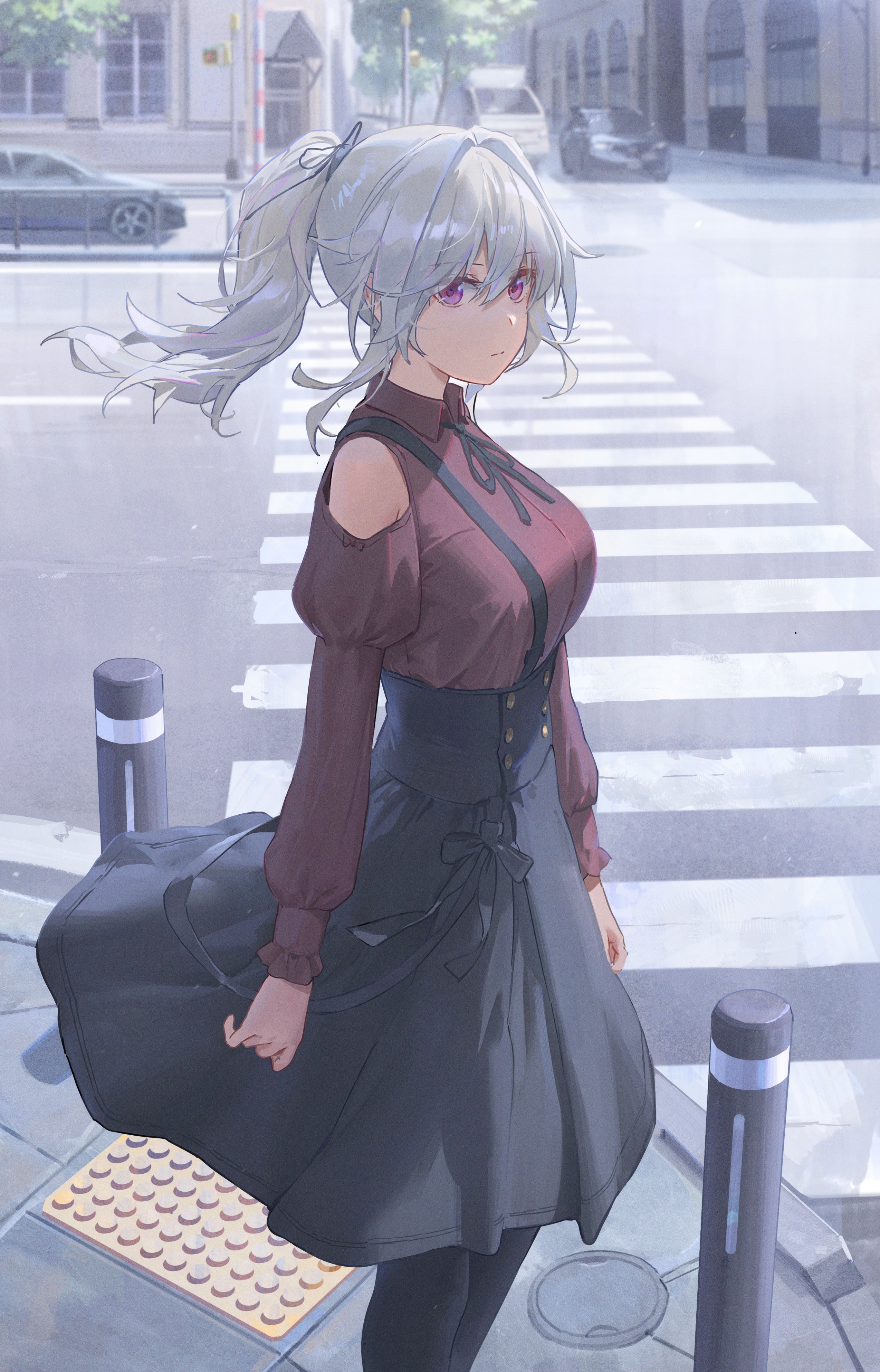 Anime girl with silver hair and purple eyes at a crosswalk HD Phone Wallpaper