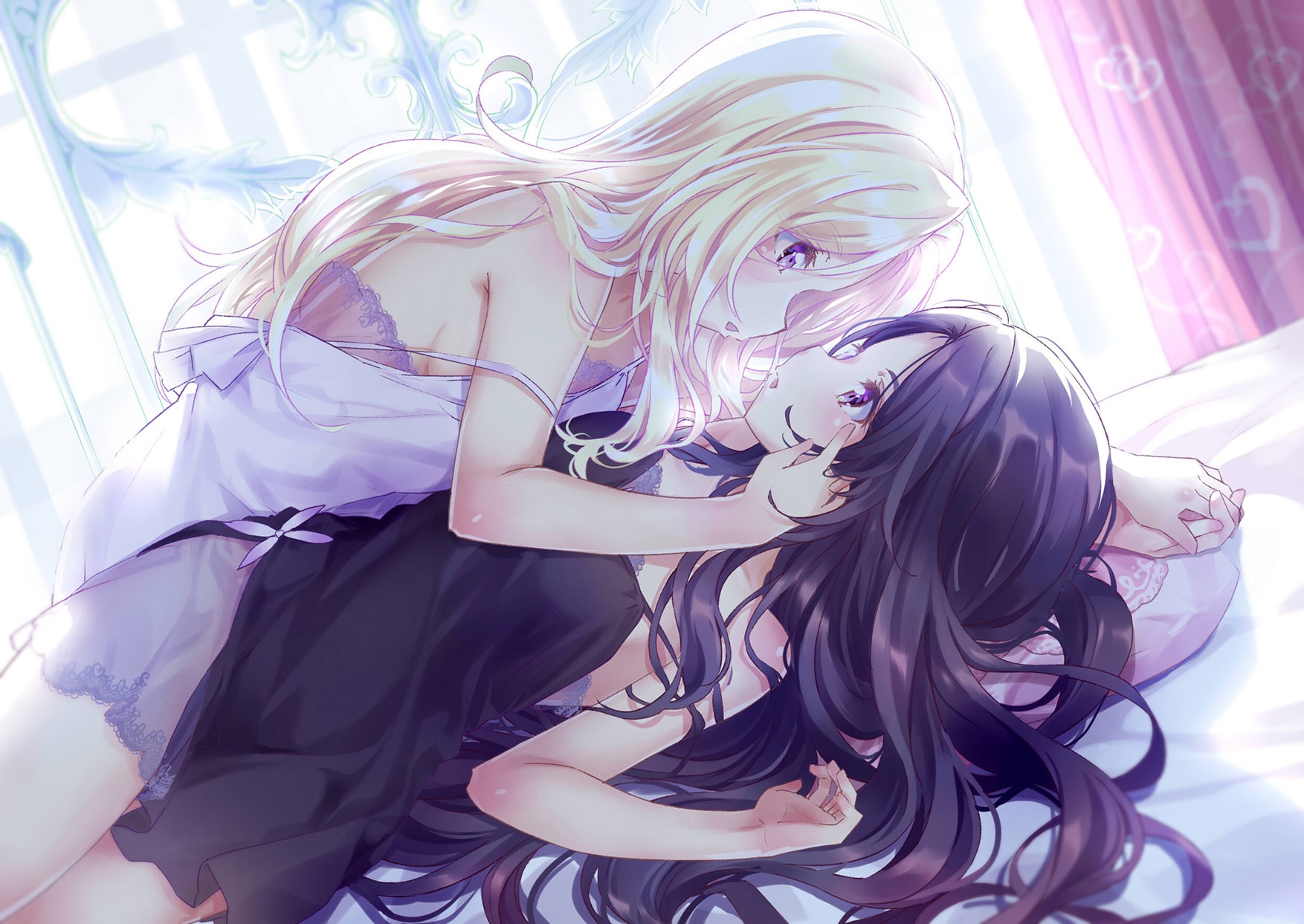Two women in lingerie in bed HD Wallpaper