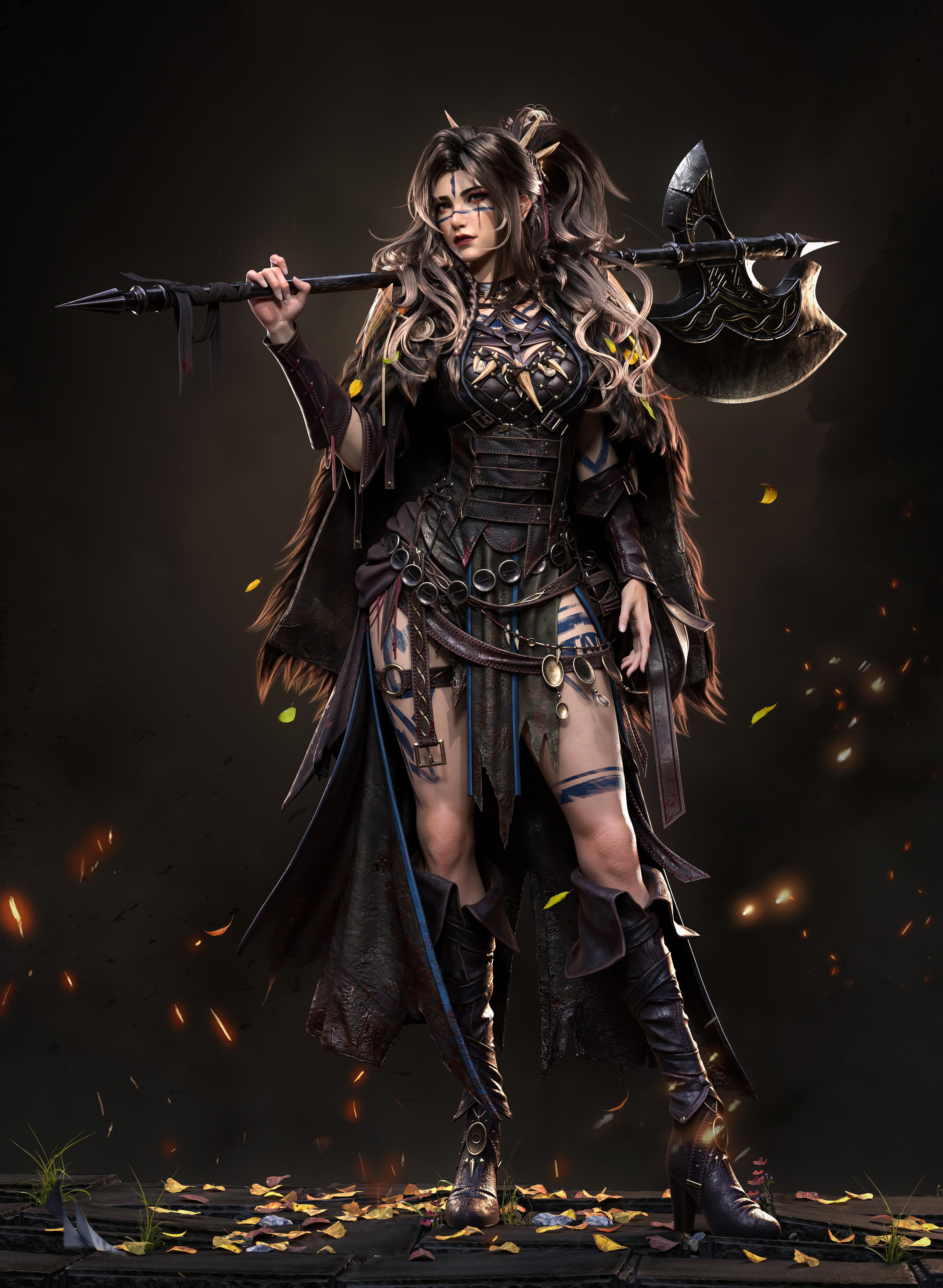 Fantasy woman with axe and dark armor HD Phone Wallpaper