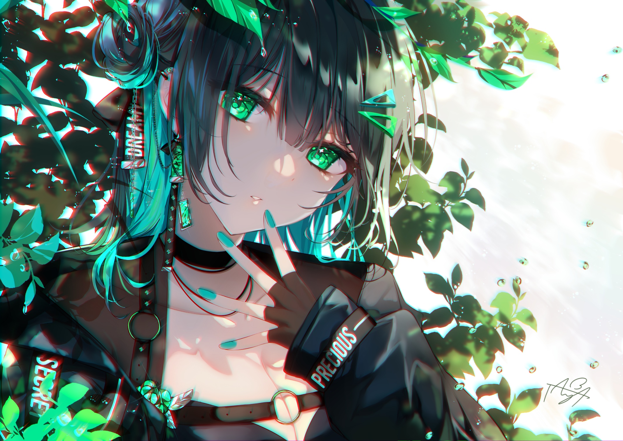 Anime girl with green eyes and black hair HD Wallpaper