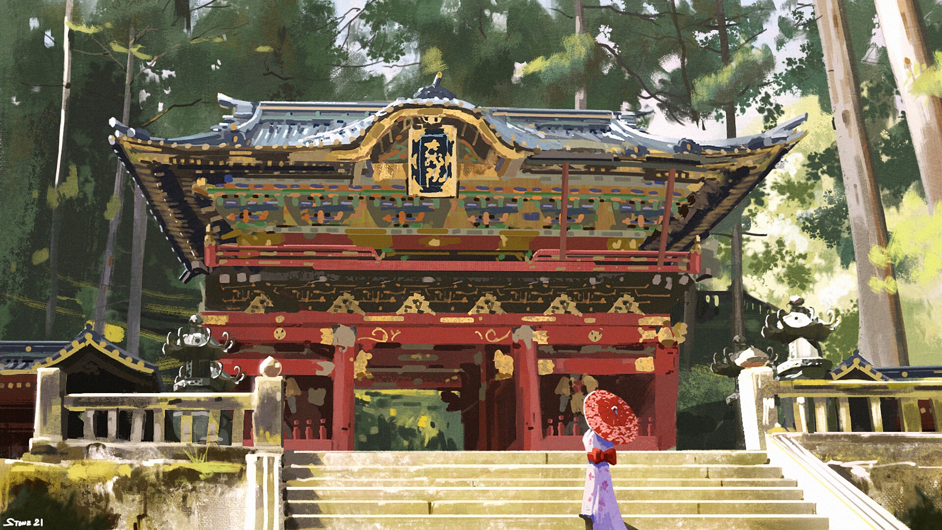 Japanese temple gate with a woman holding an umbrella HD Wallpaper