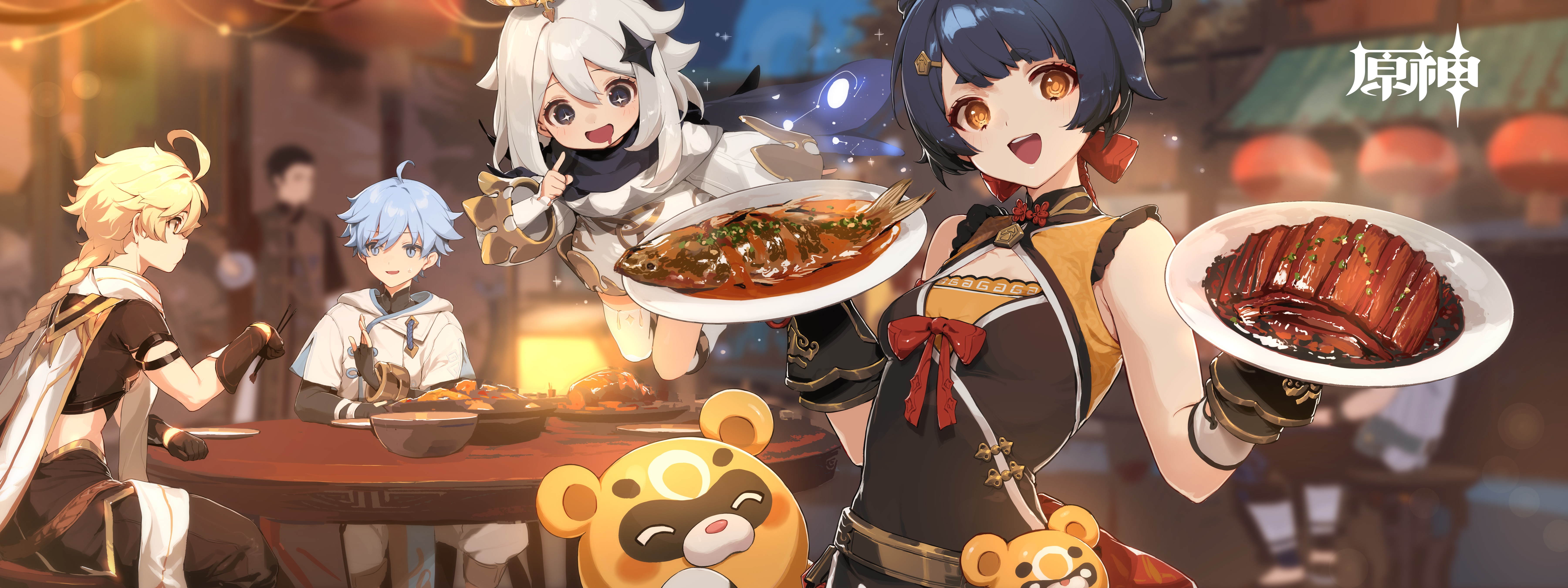 Genshin Impact: Aether, Chongyun, Paimon, and Xiangling enjoy a meal HD Wallpaper