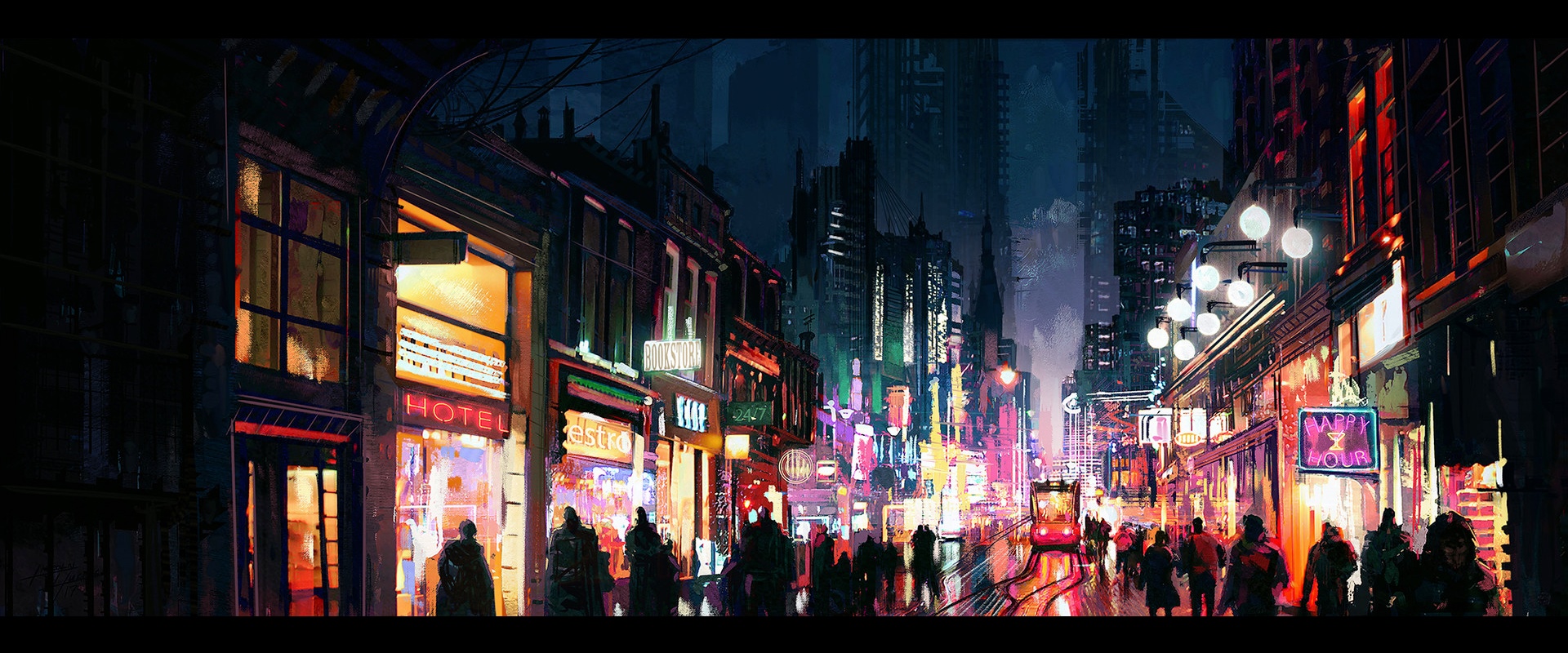 Neon city street at night with people and a tram HD Wallpaper