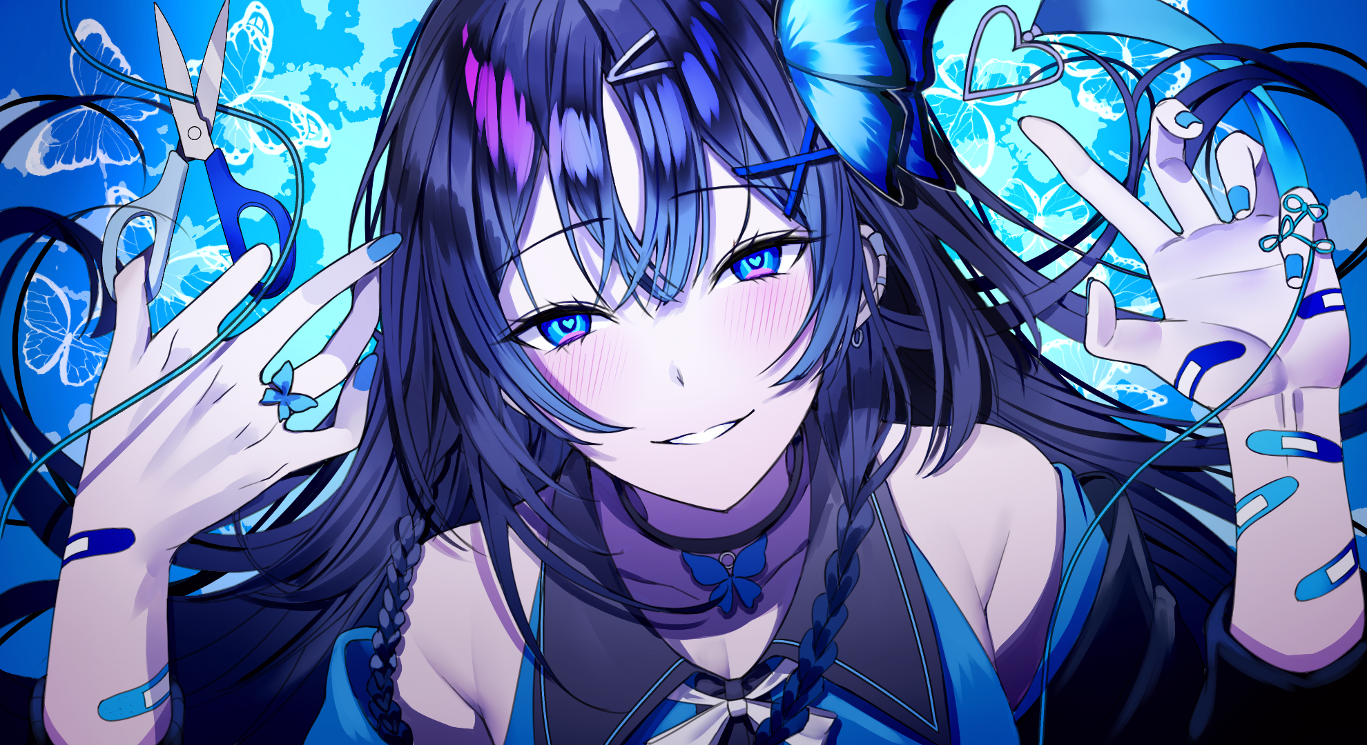 Anime girl with scissors and butterflies HD Wallpaper