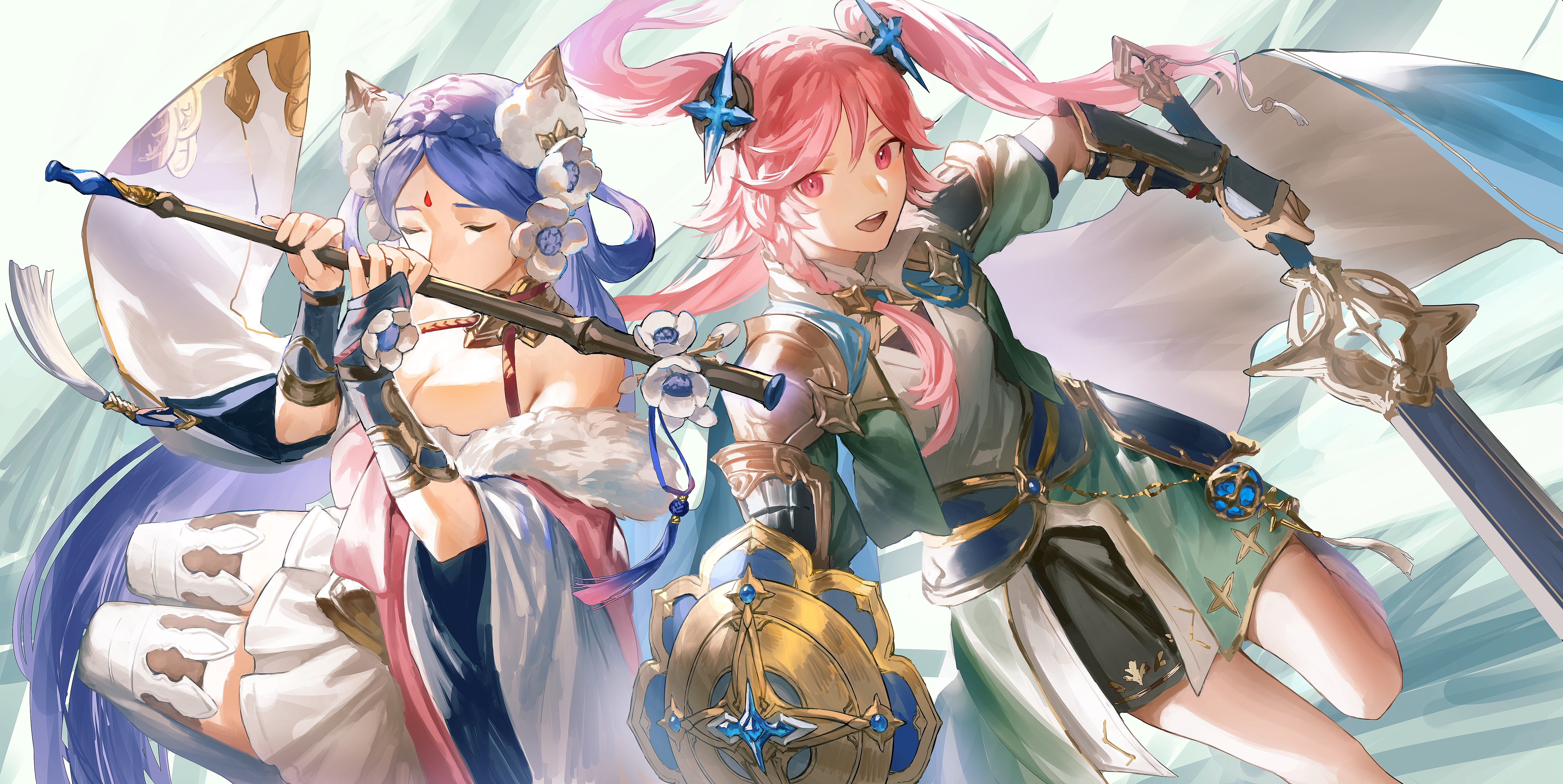 4K anime art of two female warriors with flute and sword HD Wallpaper
