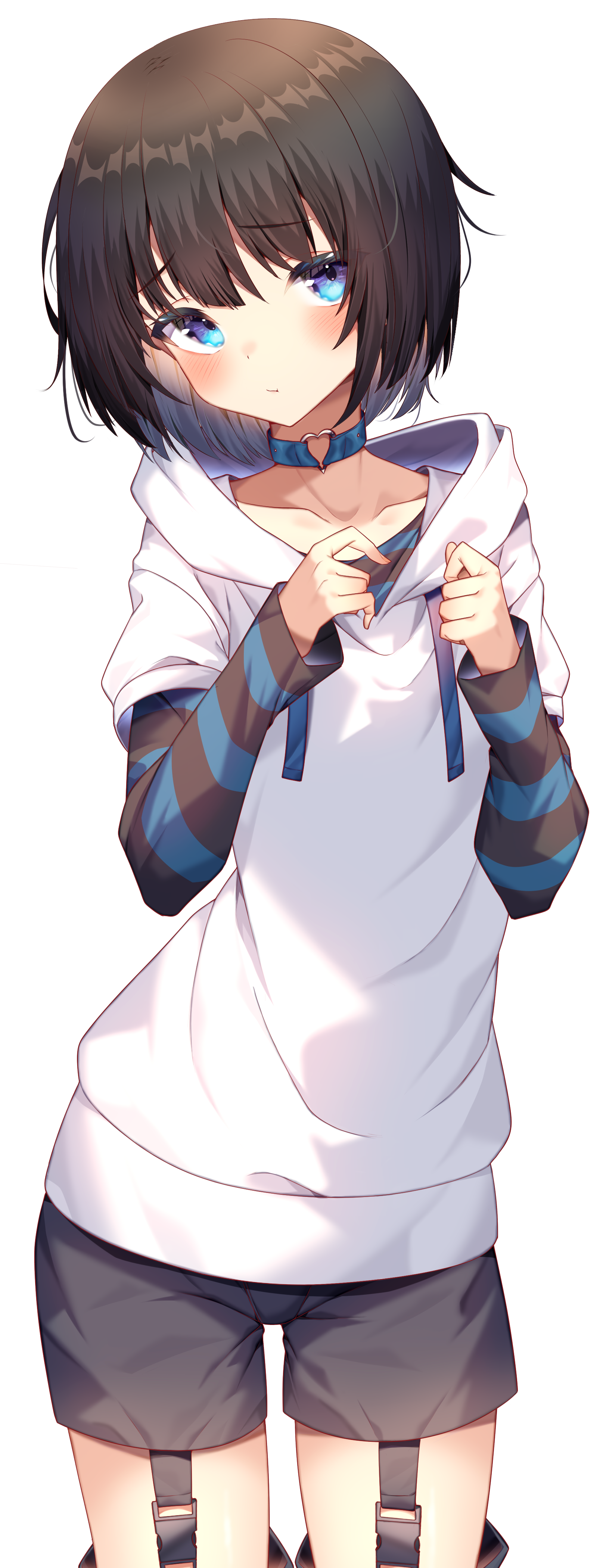 Anime girl with blue eyes wearing shorts and hoodie HD Phone Wallpaper