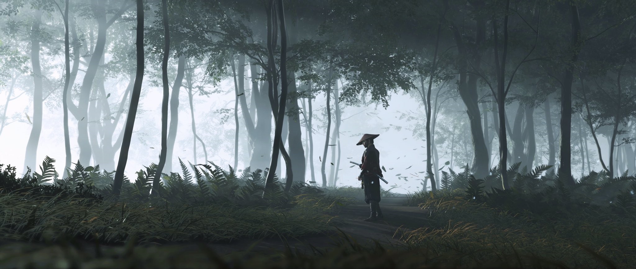 Ghost of Tsushima Samurai in a Misty Forest HD Wallpaper