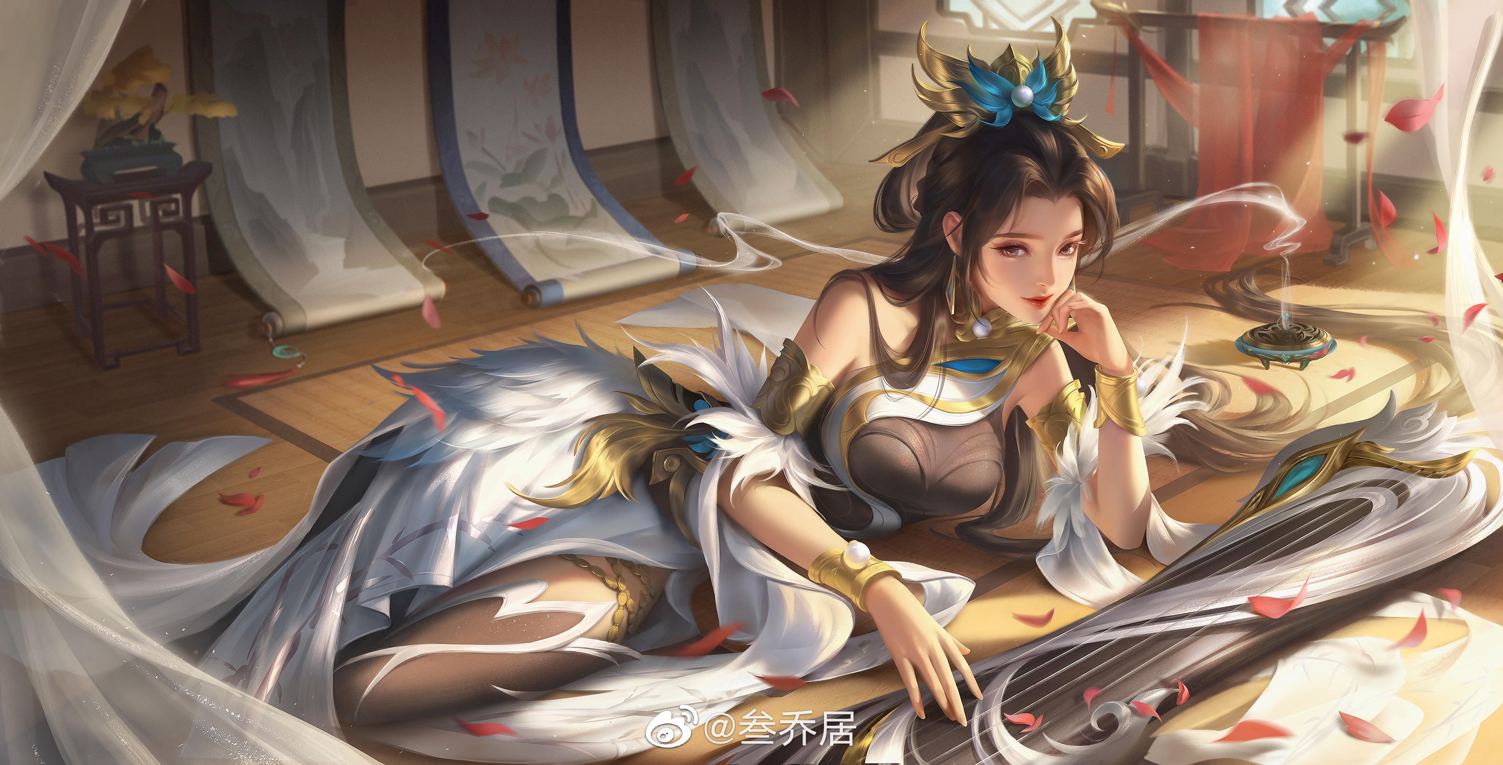 Video game art of a woman with a guqin HD Wallpaper