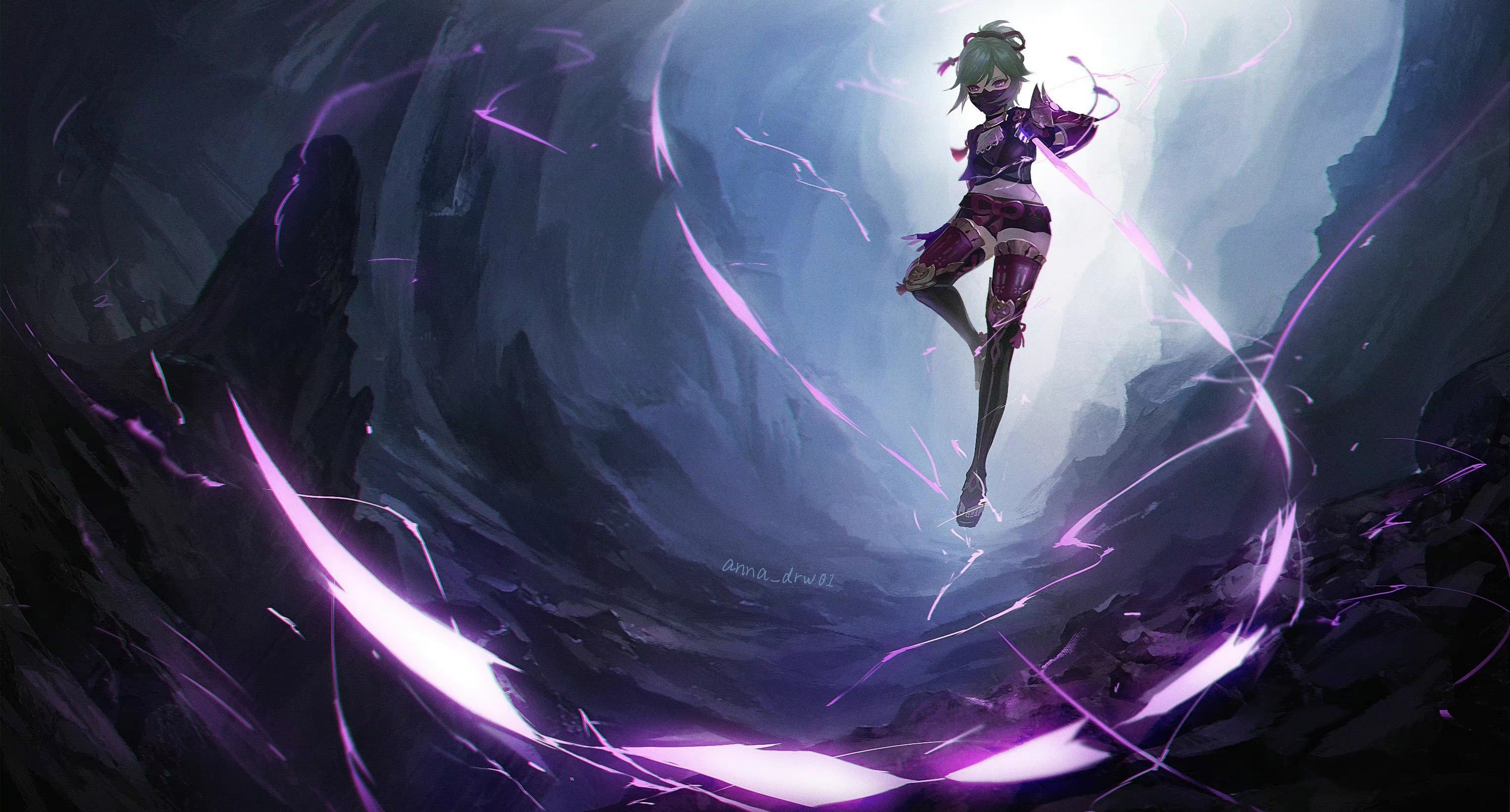 Kuki Shinobu in a cave with purple energy HD Wallpaper
