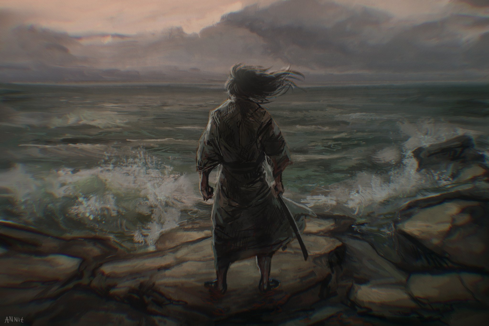 A lone samurai stands on rocks overlooking a stormy sea HD Wallpaper