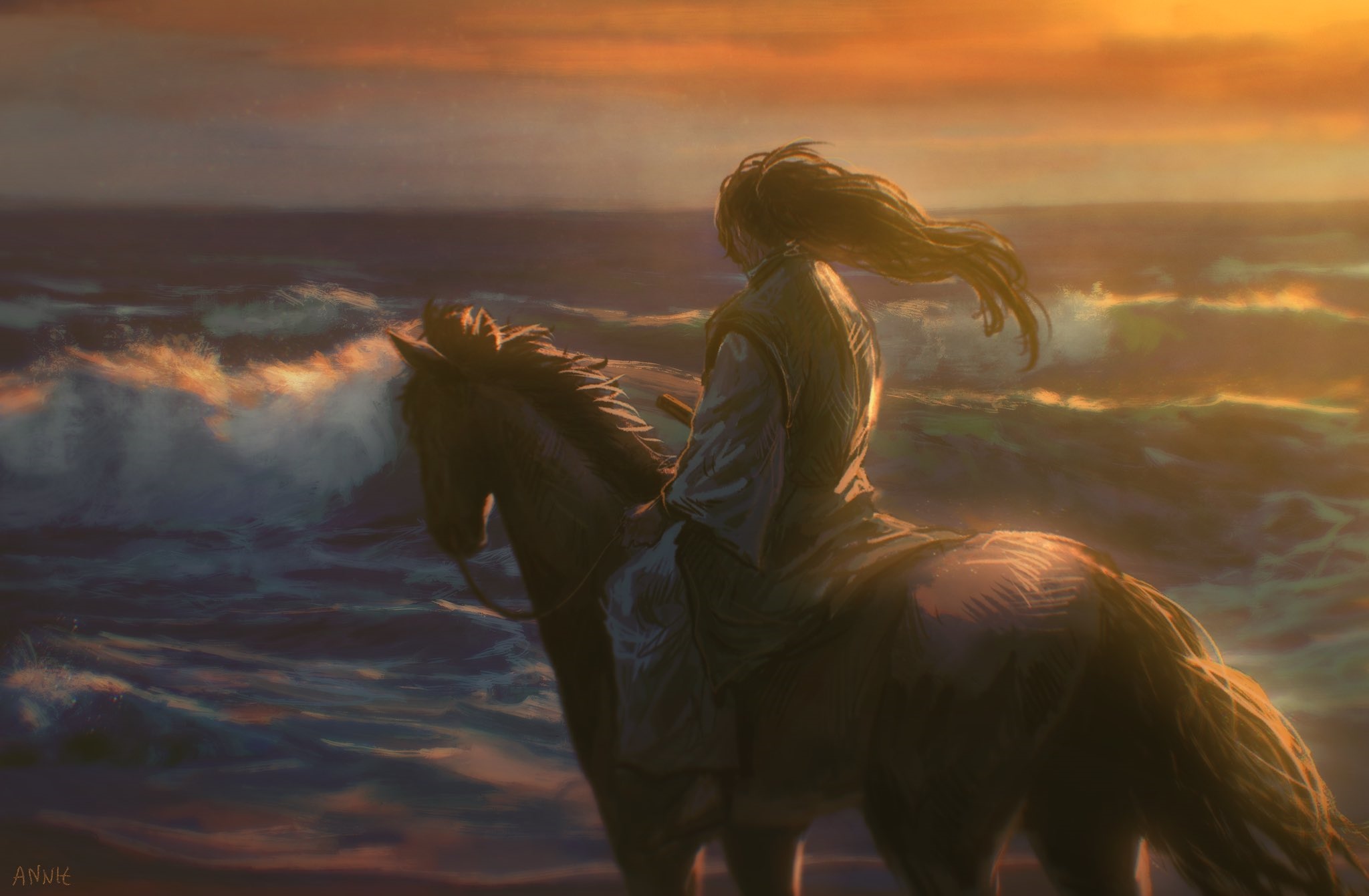 Man on horse by the sea at sunset HD Wallpaper