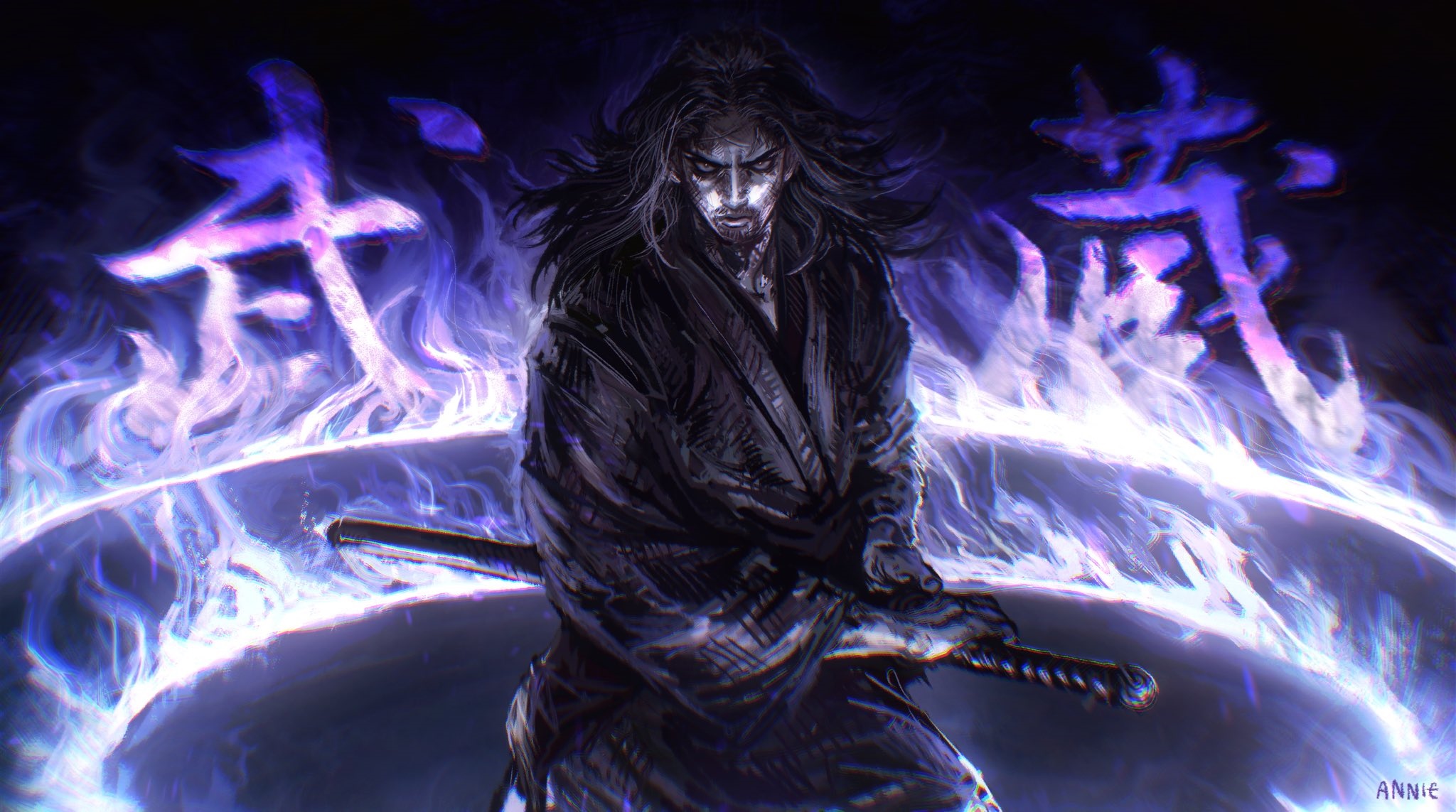 Miyamoto Musashi surrounded by purple flames HD Wallpaper