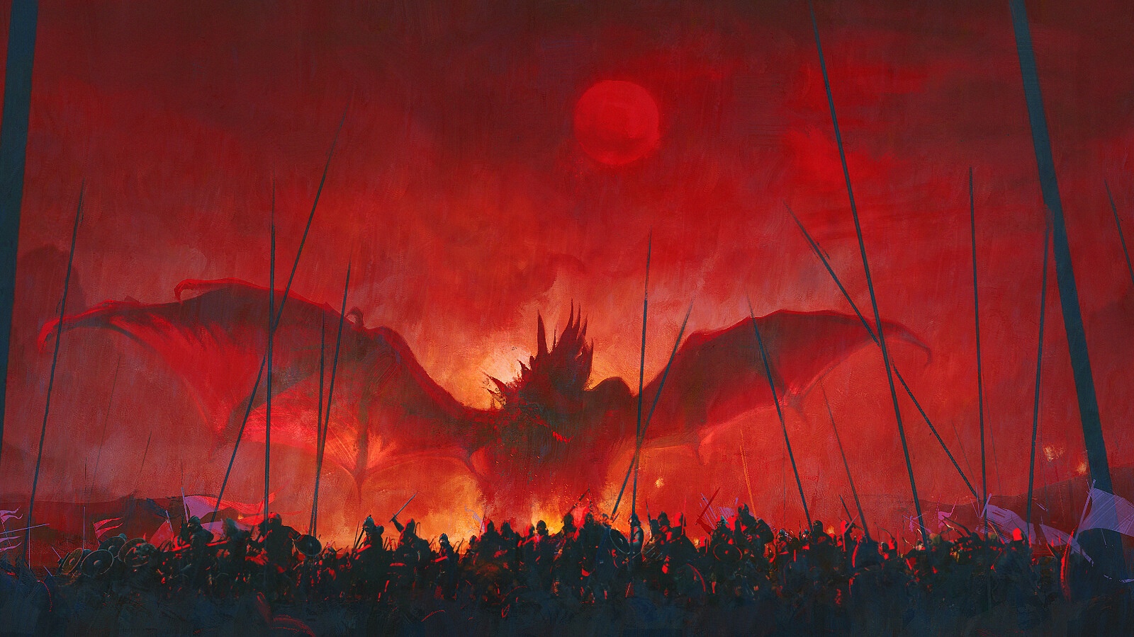 Dragon attacking an army under a blood moon HD Wallpaper