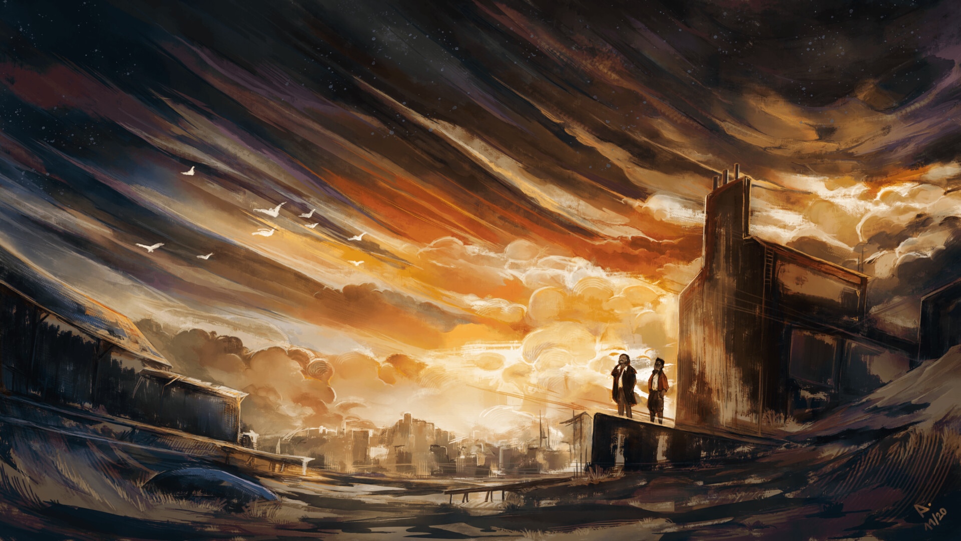 Disco Elysium art with two figures overlooking a city HD Wallpaper