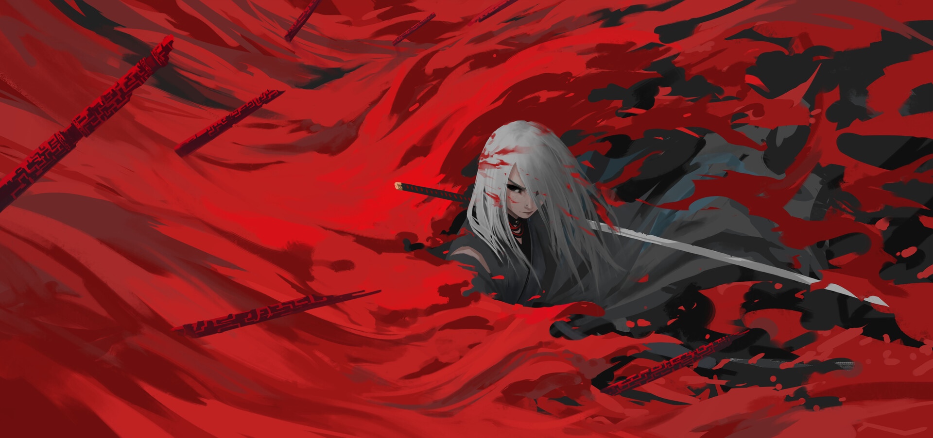 Anime girl with katana in red blood HD Wallpaper