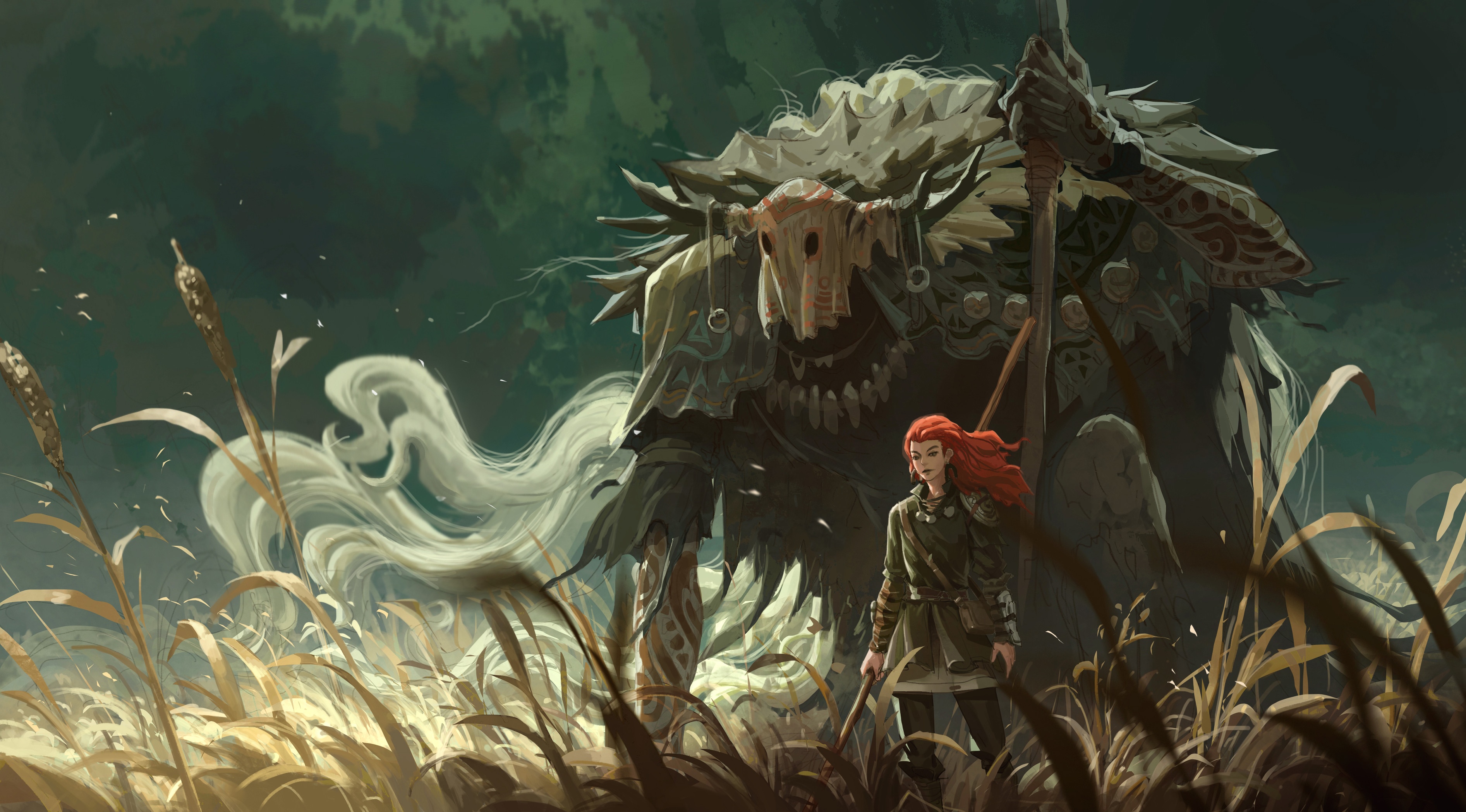 Fantasy art of a girl and a giant creature HD Wallpaper