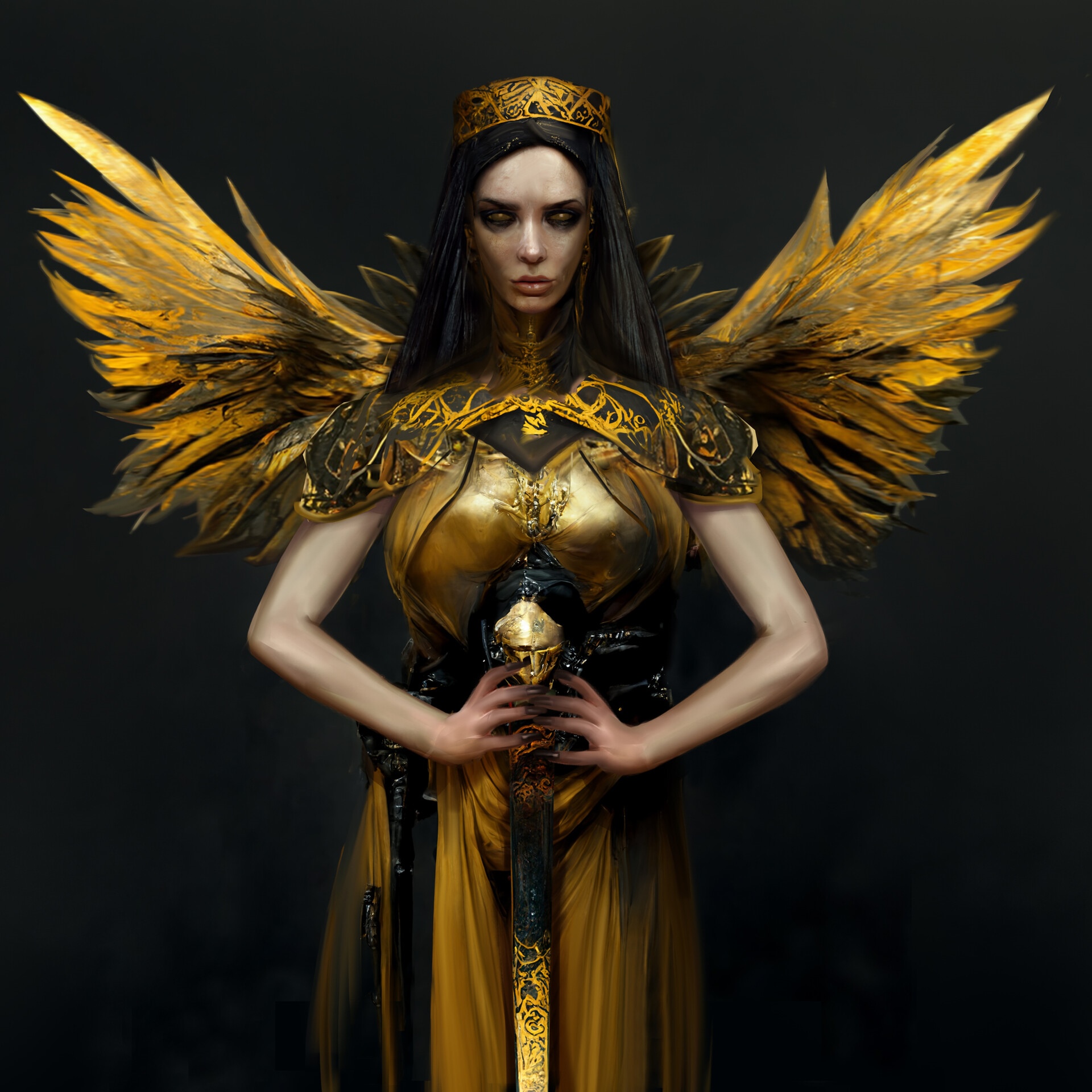 Fantasy woman with golden wings and sword HD Wallpaper