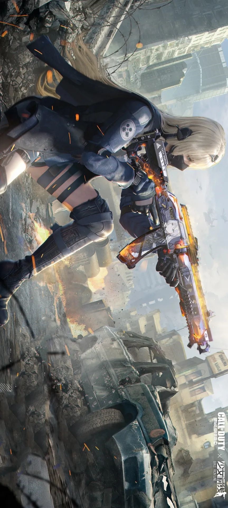 Girls Frontline character with a futuristic assault rifle in a ruined city HD Phone Wallpaper