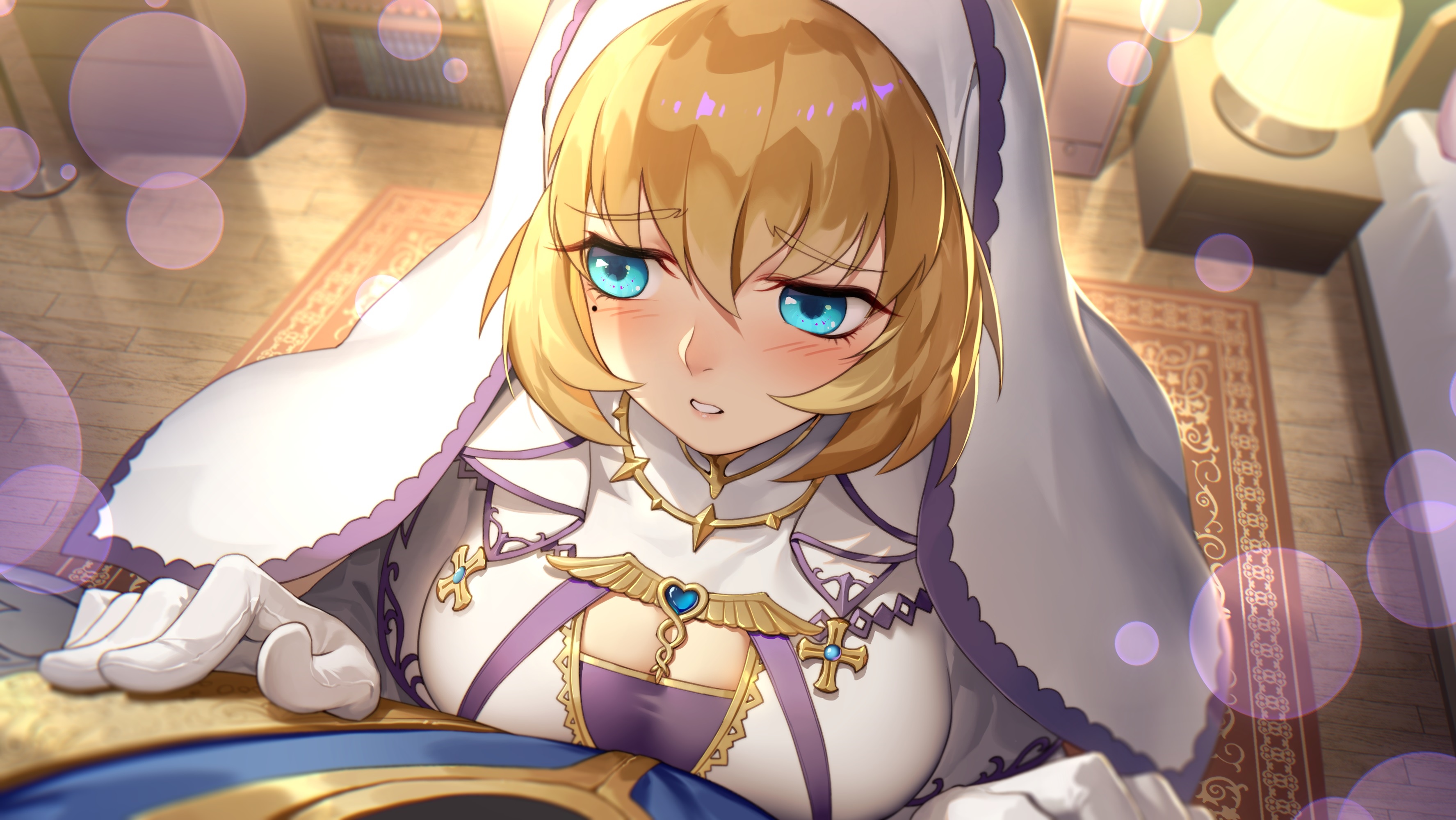 Blonde nun with blue eyes in a nun outfit HD Wallpaper