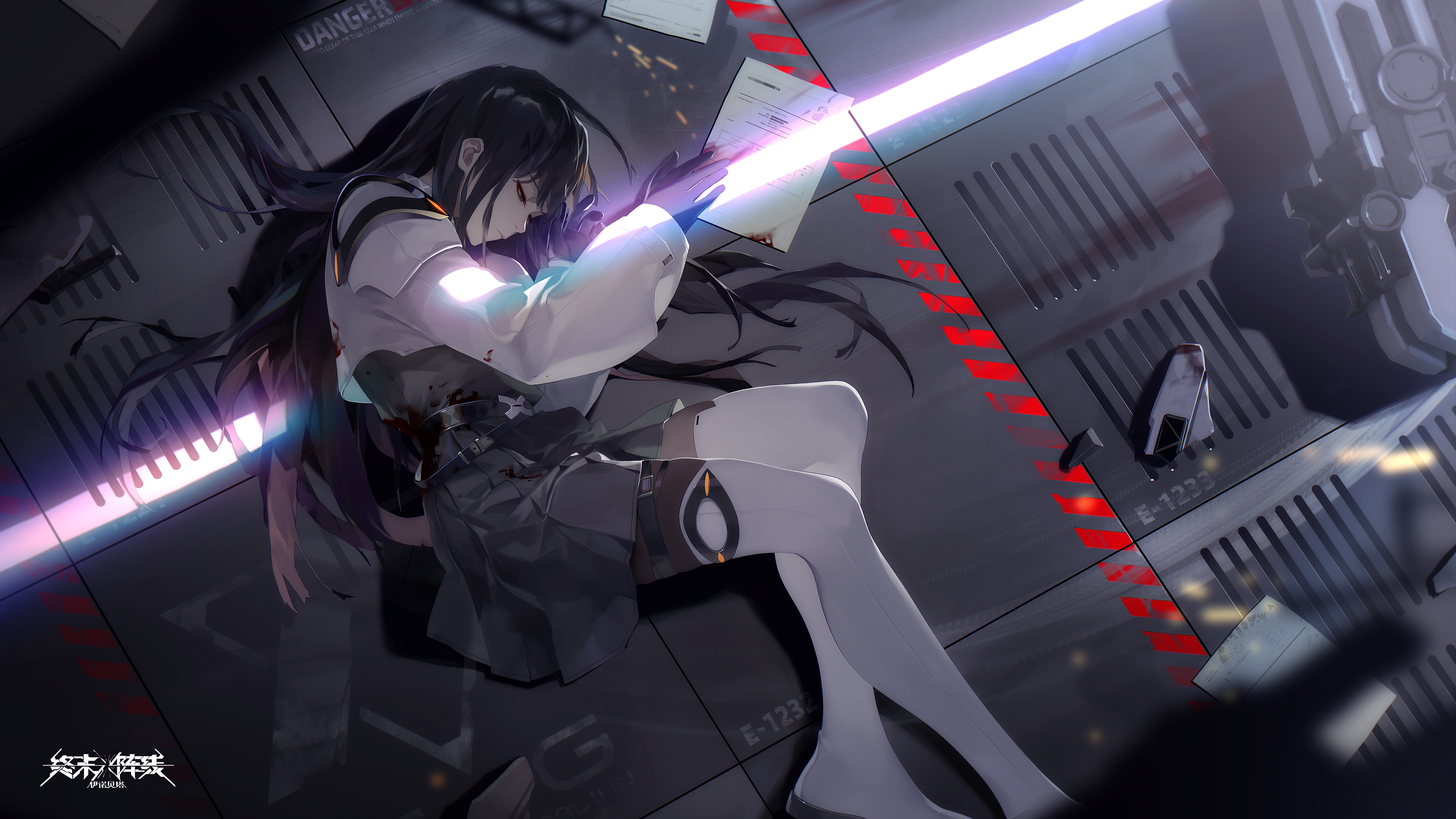 4K drawing of injured girl with dark hair and blood HD Wallpaper
