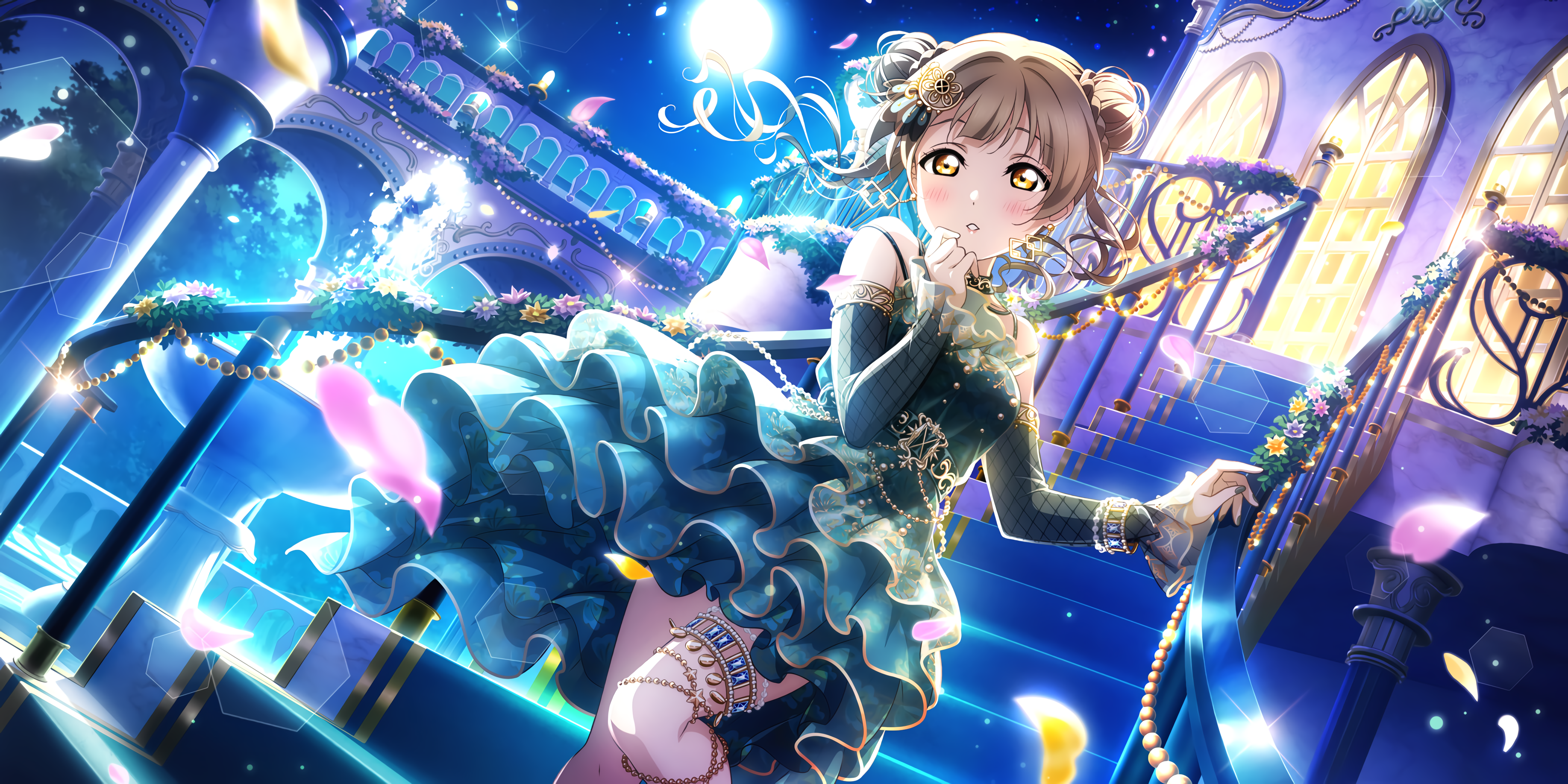 Minami Kotori in a blue dress under the moon HD Wallpaper
