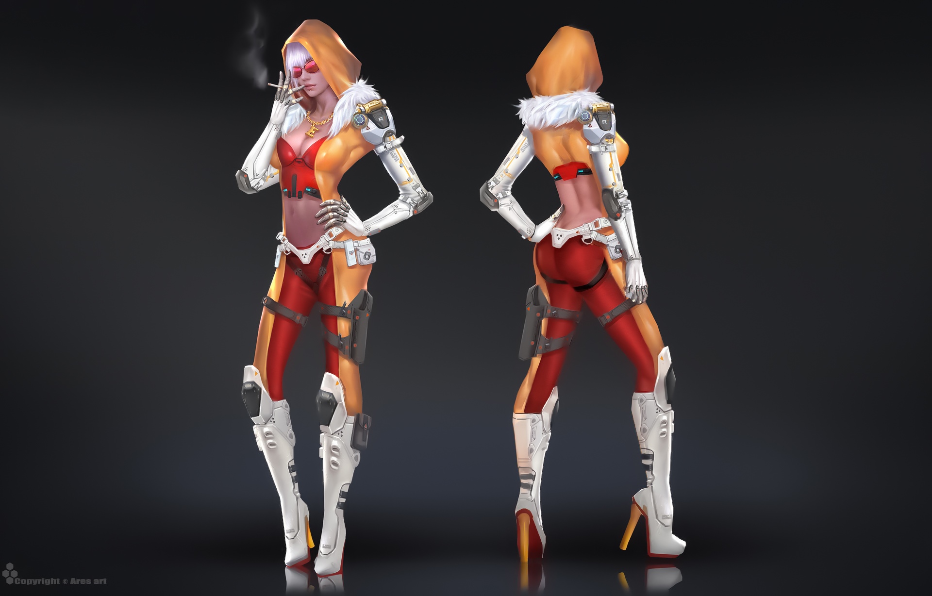Cyberpunk woman in red and orange outfit smoking HD Wallpaper