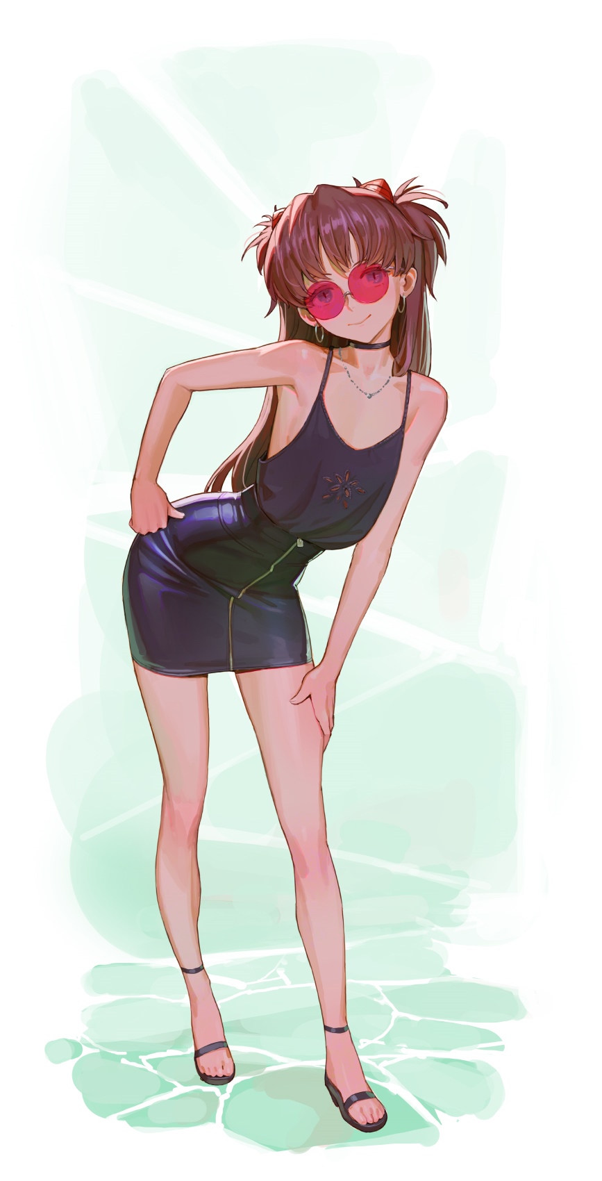 Asuka Langley Soryu in a black dress and pink sunglasses HD Phone Wallpaper