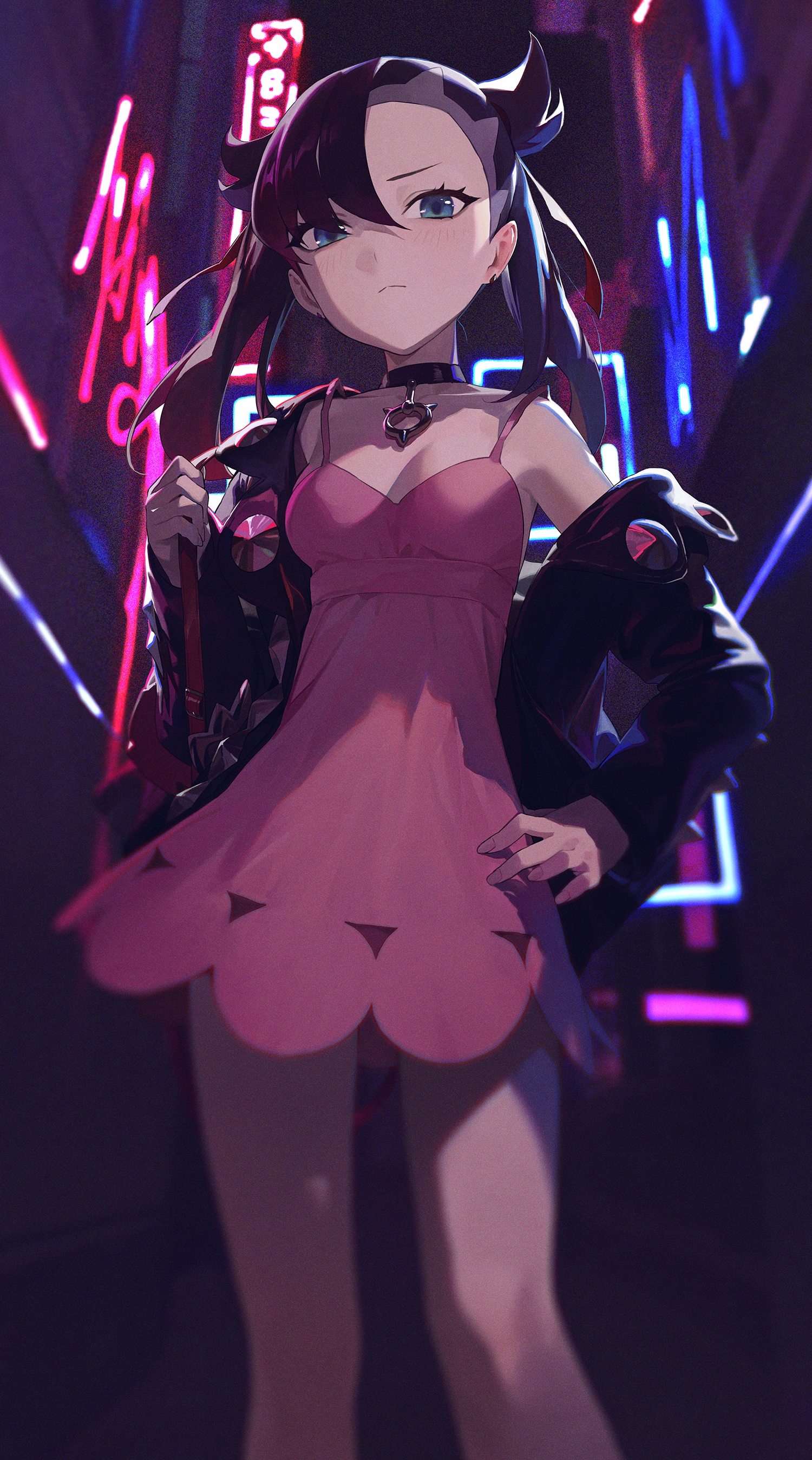 Marnie from Pokémon in a pink dress with neon lights HD Phone Wallpaper