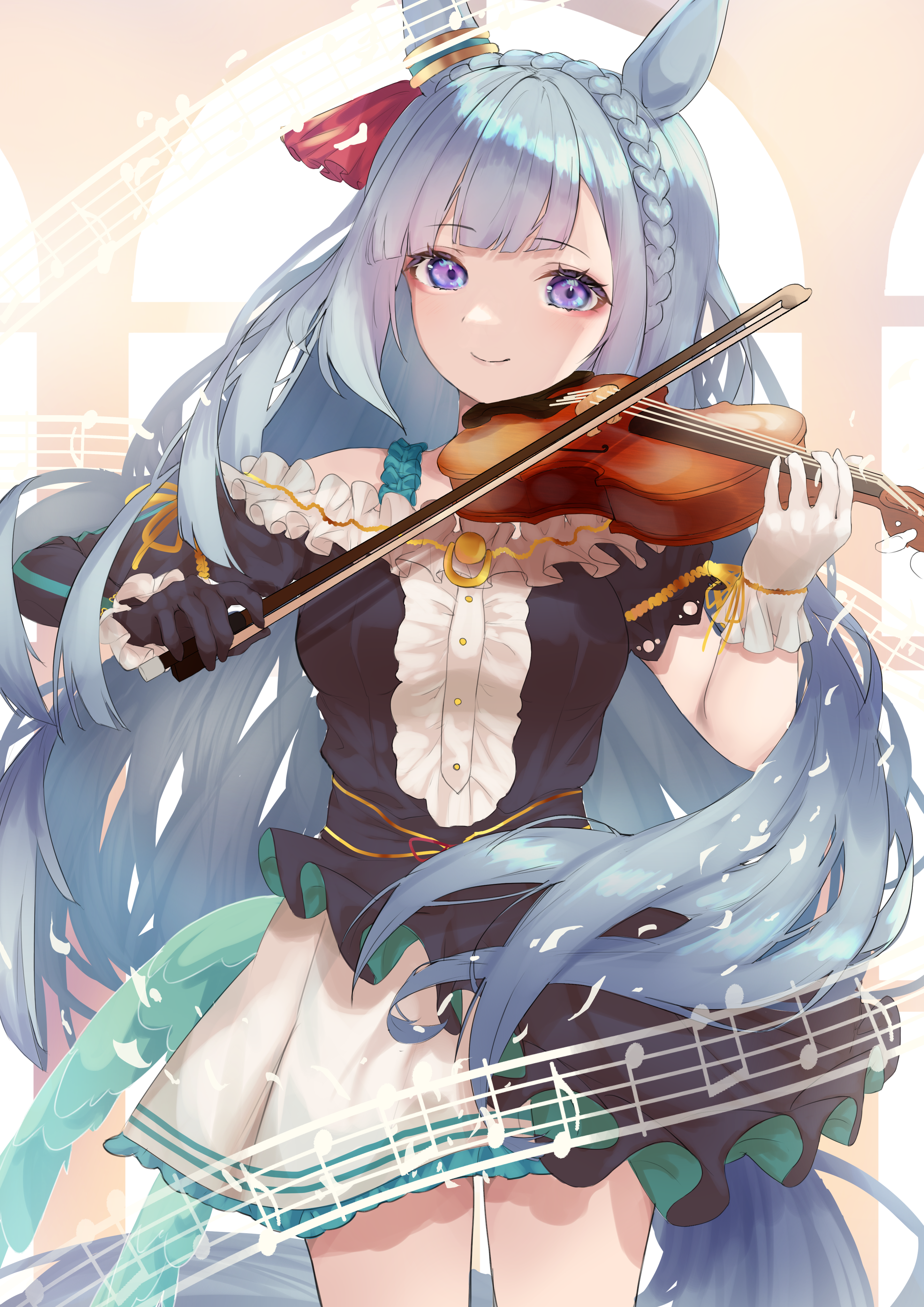 Mejiro Ardan playing the violin with musical notes HD Phone Wallpaper