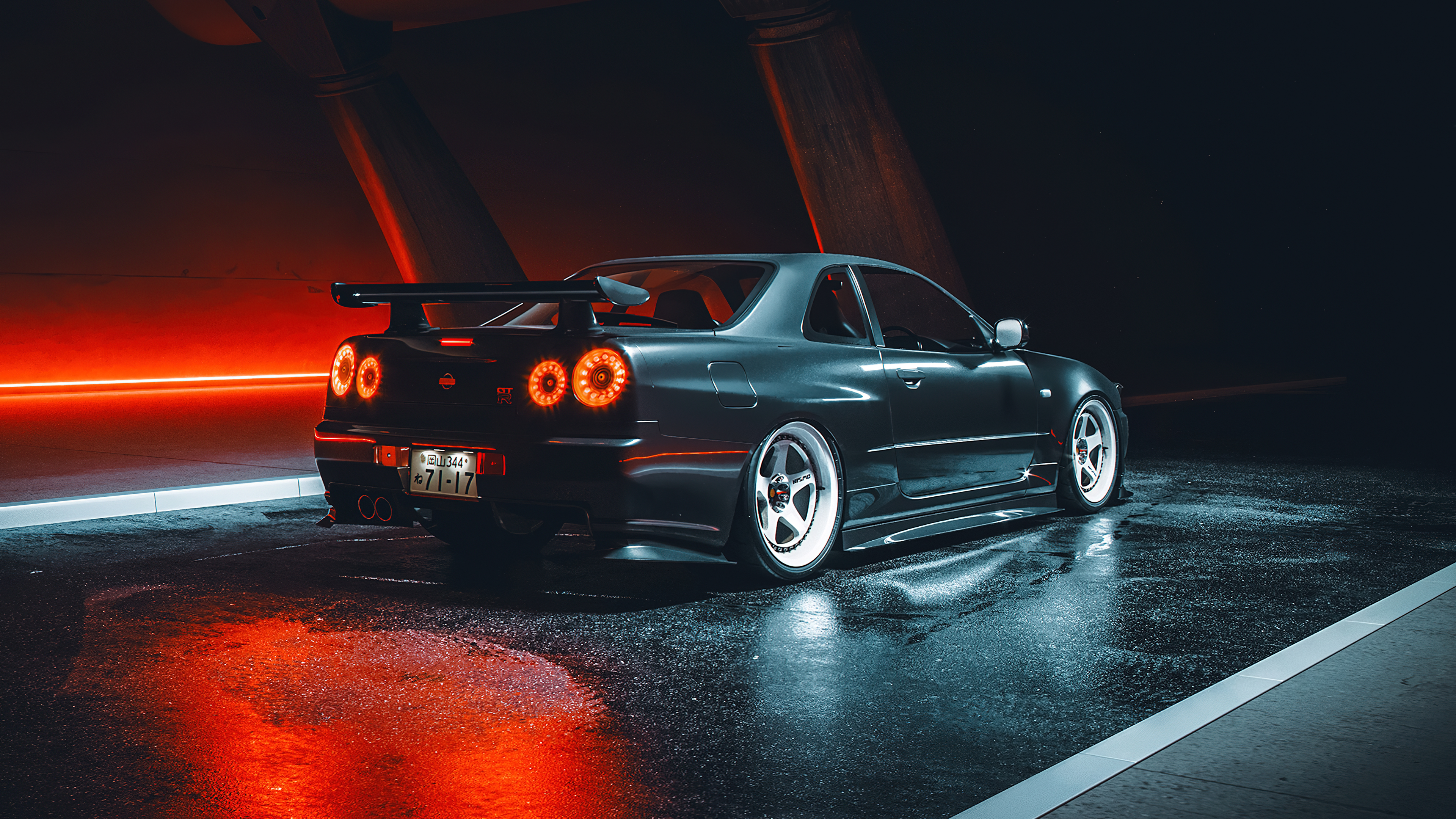 4K Nissan Skyline R34 with red neon lights HD Wallpaper