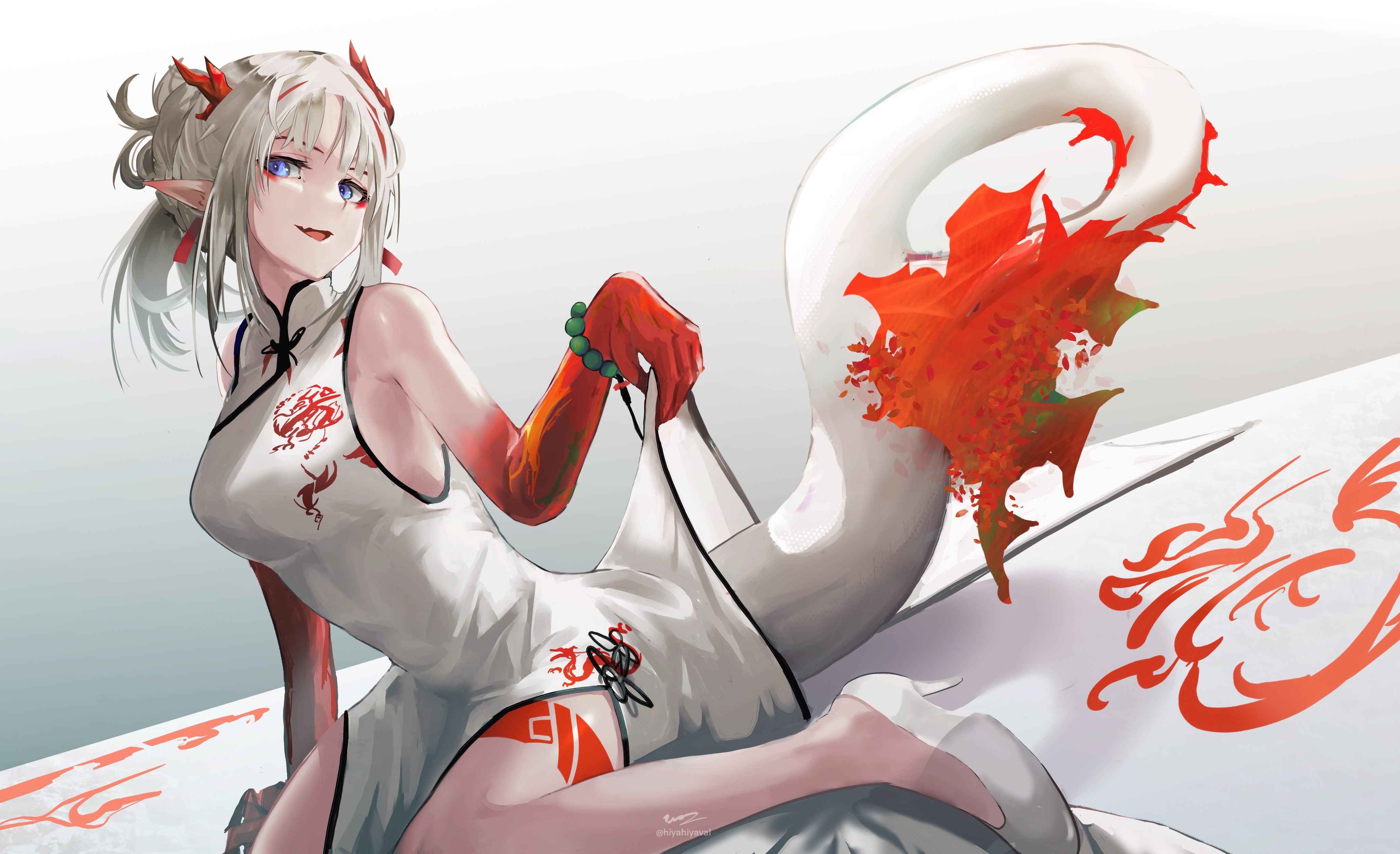 Arknights Nian in a white dress with dragon motifs HD Wallpaper