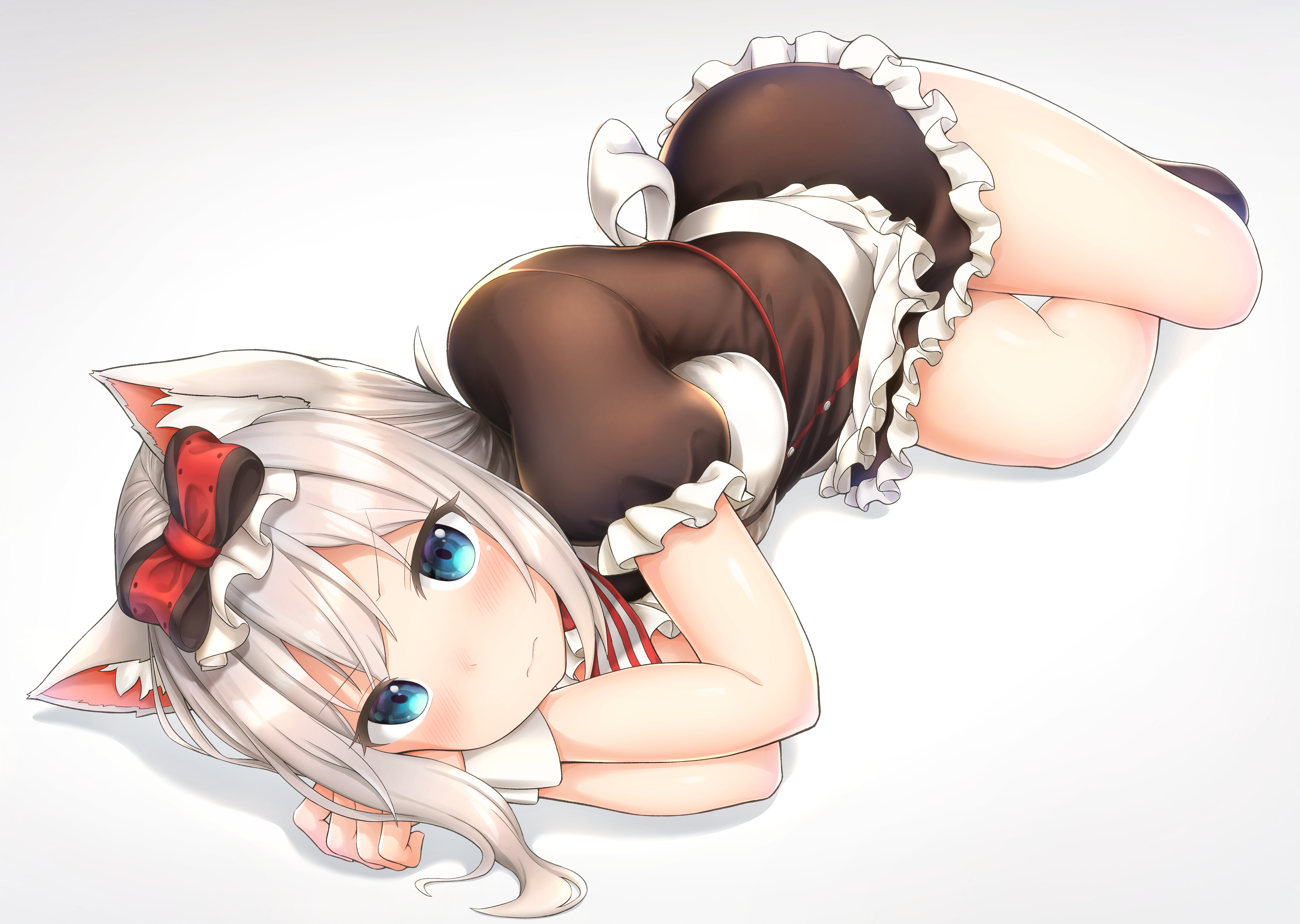 Maid outfit cat girl lying down HD Wallpaper