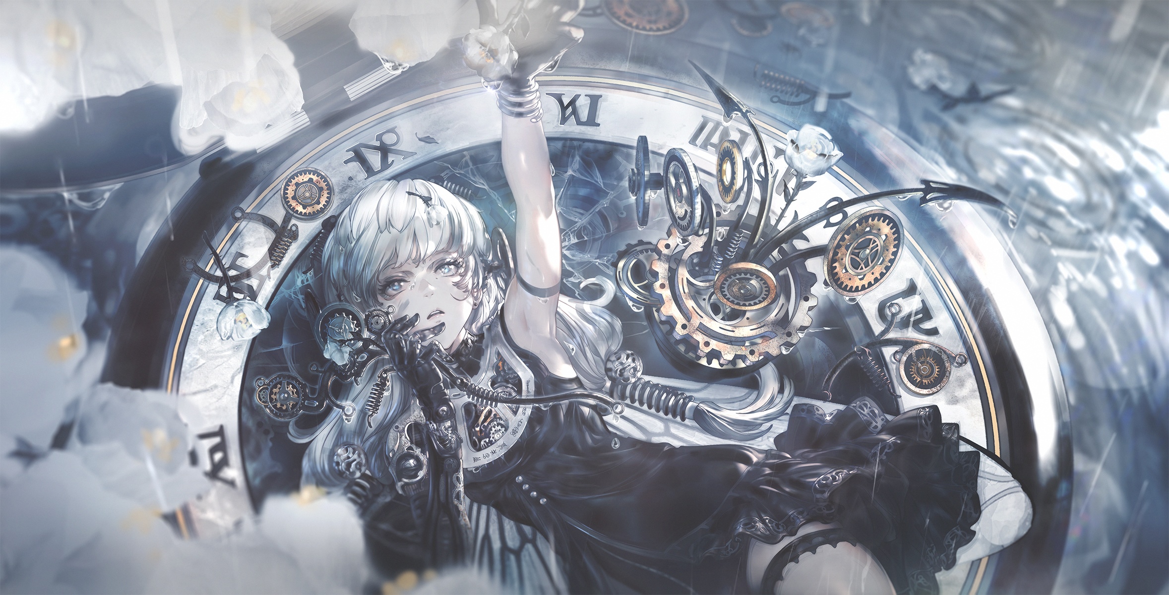 Anime girl with white hair and clock gears HD Wallpaper