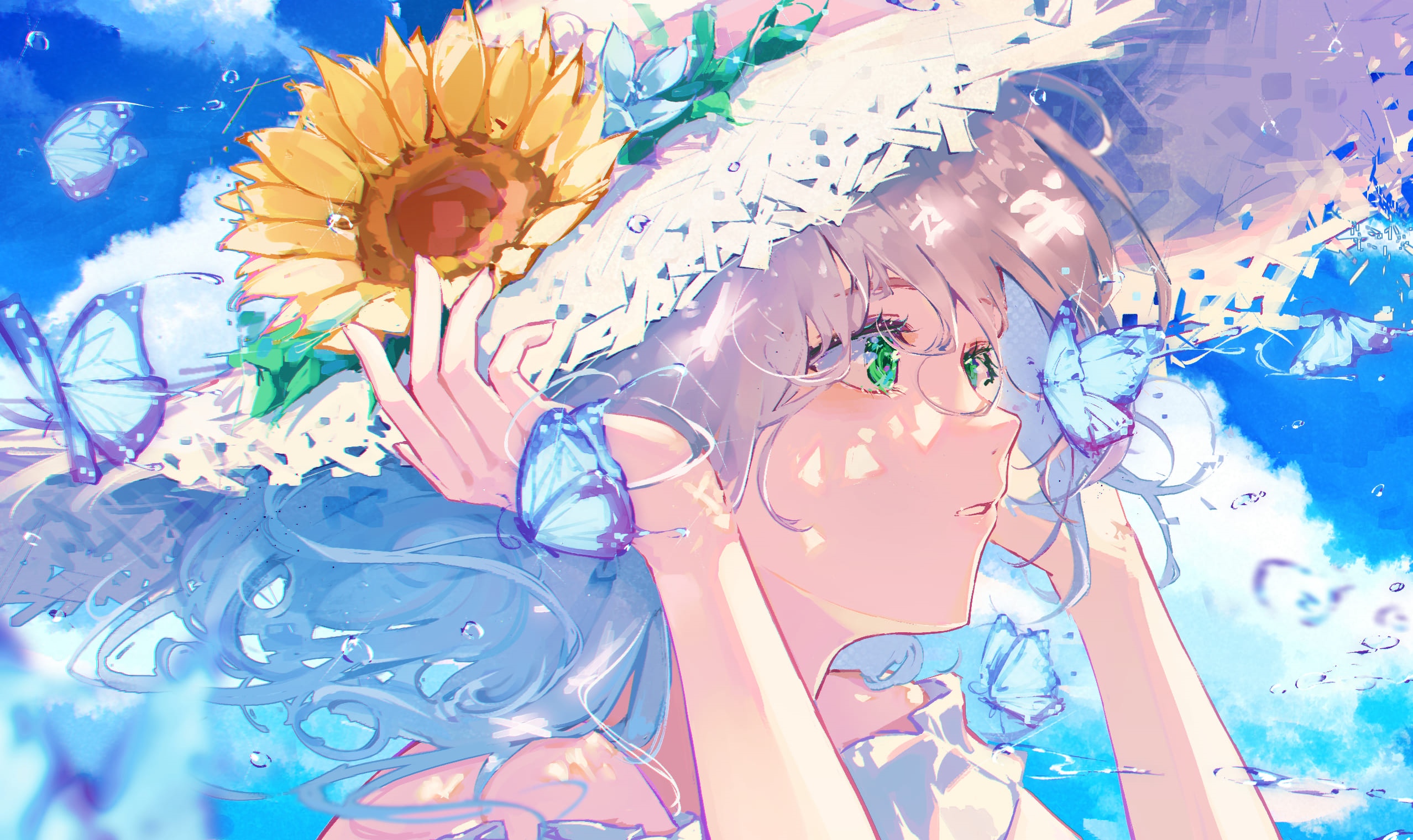 Girl with sunflowers and butterflies in a straw hat HD Wallpaper
